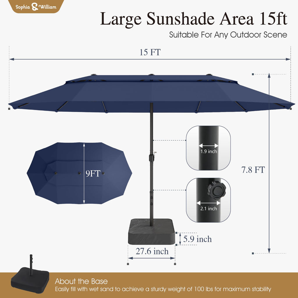 Sophia & William 15 ft Extra Large Patio Umbrella with Base Included, Rectangular Outdoor Umbrella Heavy Duty, Market Umbrella Double-sided Fade Resistant for Pool Garden Backyard, Beige