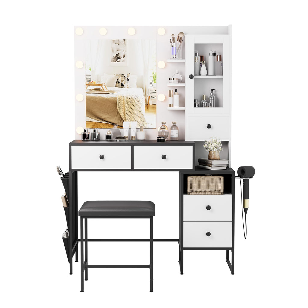 YIKEHOME Makeup Vanity Desk with Mirror and 10 Lights, 3-Colour Hollywood Brighter Bulbs, Vanity Table Set with Large Drawers and and Charging Station for Bedroom Dressing Room White