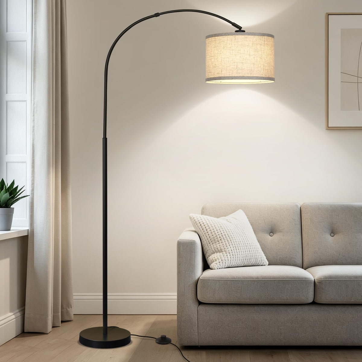 Rattan Floor Lamp, Arc Floor Lamps for Living Room, Farmhouse Standing Lamp with Adjustable Hanging Fabric Shade, Tall Pole Lamp with Foot Switch, Over Couch Arched Reading Light for Bedroom, Office