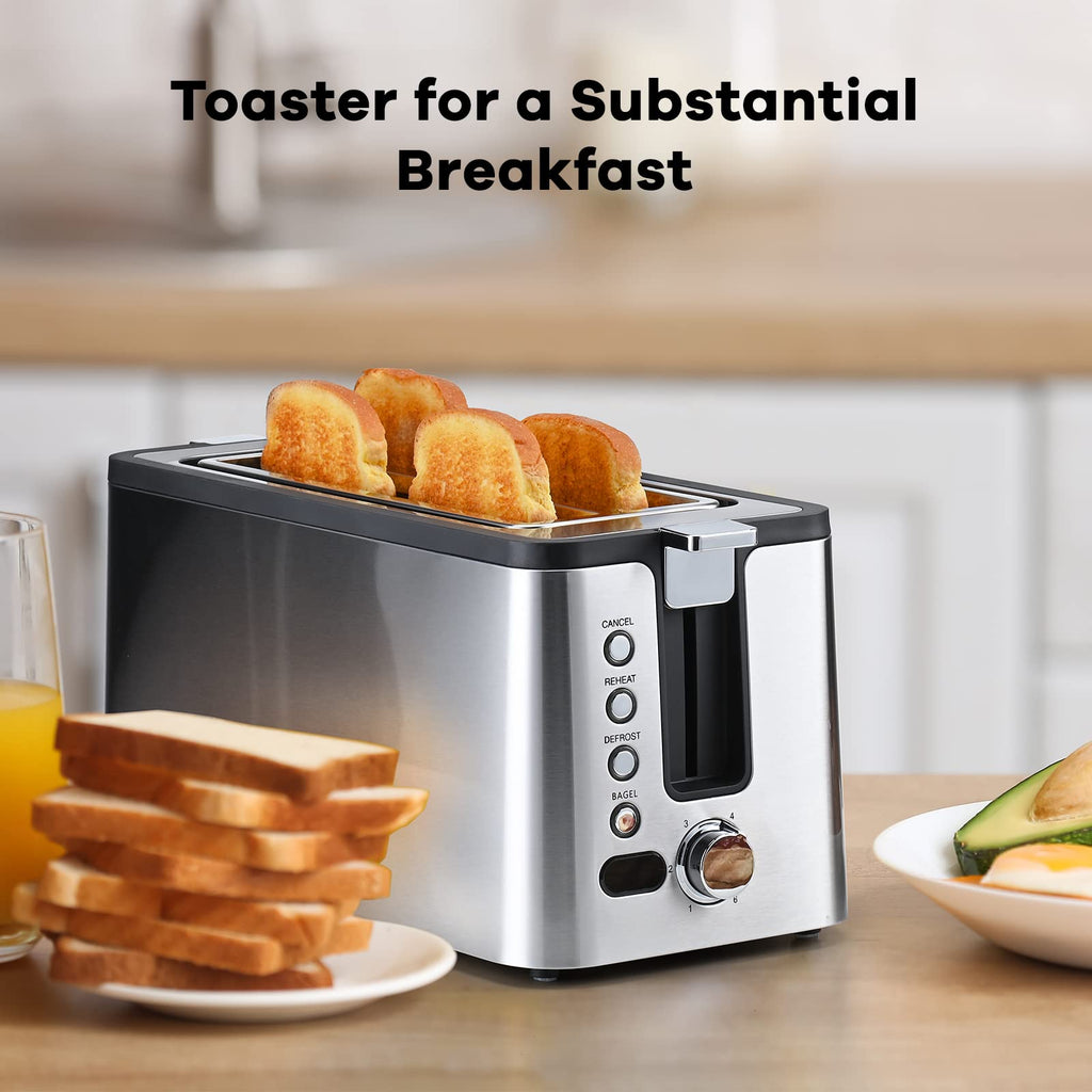 Mecity 4 Slice Toaster, Long Slot Toaster With Warming Rack, Timer, Bagel, Defrost, Reheat Functions, Crumb Tray, 6 Browning Settings, Extra Wide Long Slots, Stainless Steel, 1300W, Grey