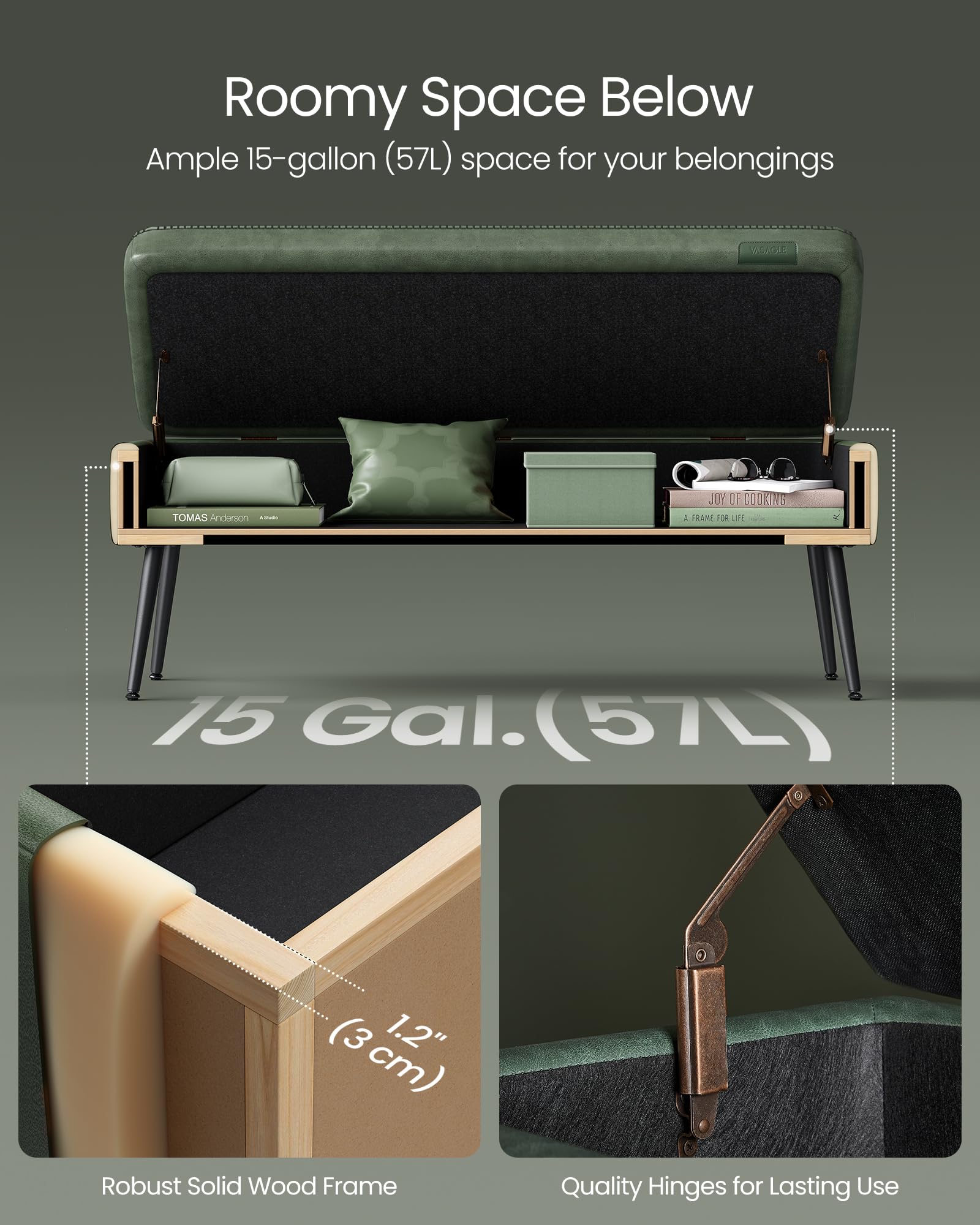 VASAGLE EKHO Collection - Storage Ottoman Bench, Entryway Bedroom Bench, 15 Gallons, Synthetic Leather with Stitching, Mid-Century Modern, Safety Hinges, Loads 660 lb, Caramel Brown ULOM074K01