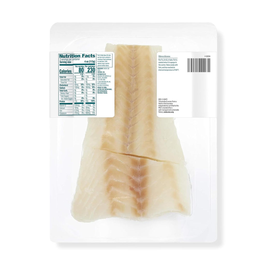 Amazon Grocery, Wild Caught Pacific Cod Skinless Fillet Portions, 12 Oz