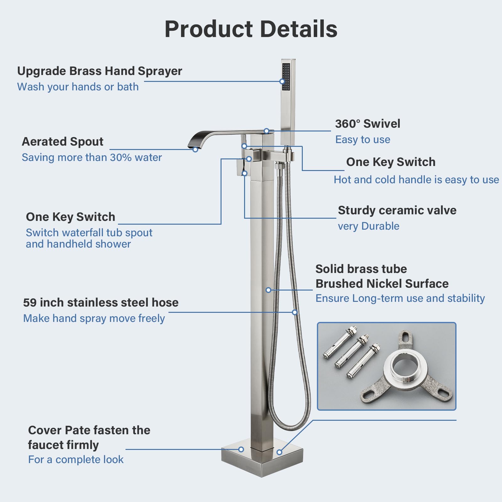 Brushed Gold Freestanding Bathtub Faucet with Hand Shower Tub Filler Faucet Floor Mounted High Flow Single Handle Bath Filler Solid Brass