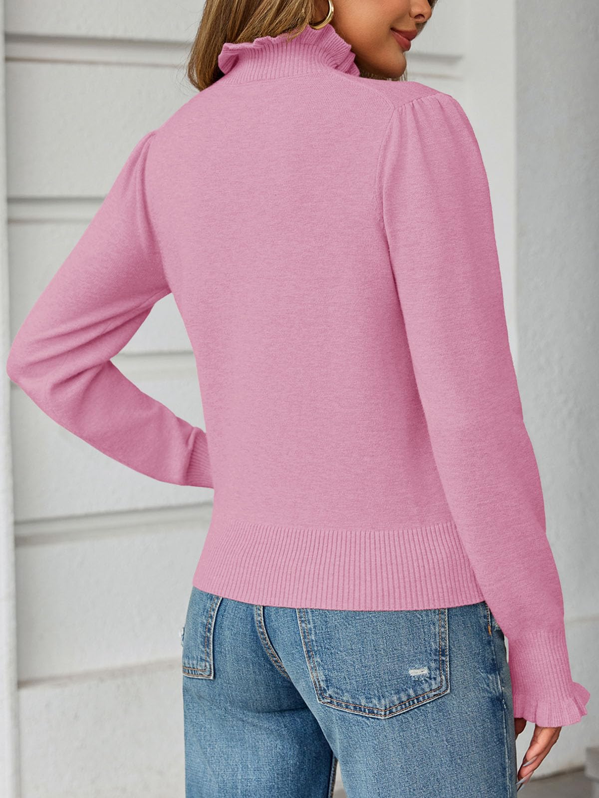 Saodimallsu Womens Ruffle Mock Neck Sweater Puff Long Sleeve Fall Soft Knit Casual Pullover Sweaters Top