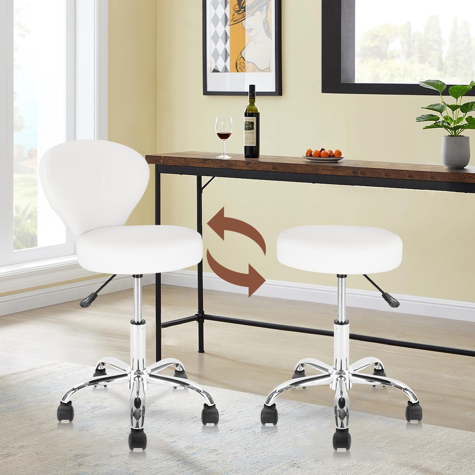 KLASIKA Leather Rolling Swivel Salon Stool Chair with Back Support Adjustable Hydraulic Seat Height 22 in for Office Massage Facial Spa Medical Drafting Tattoo Beauty Barber