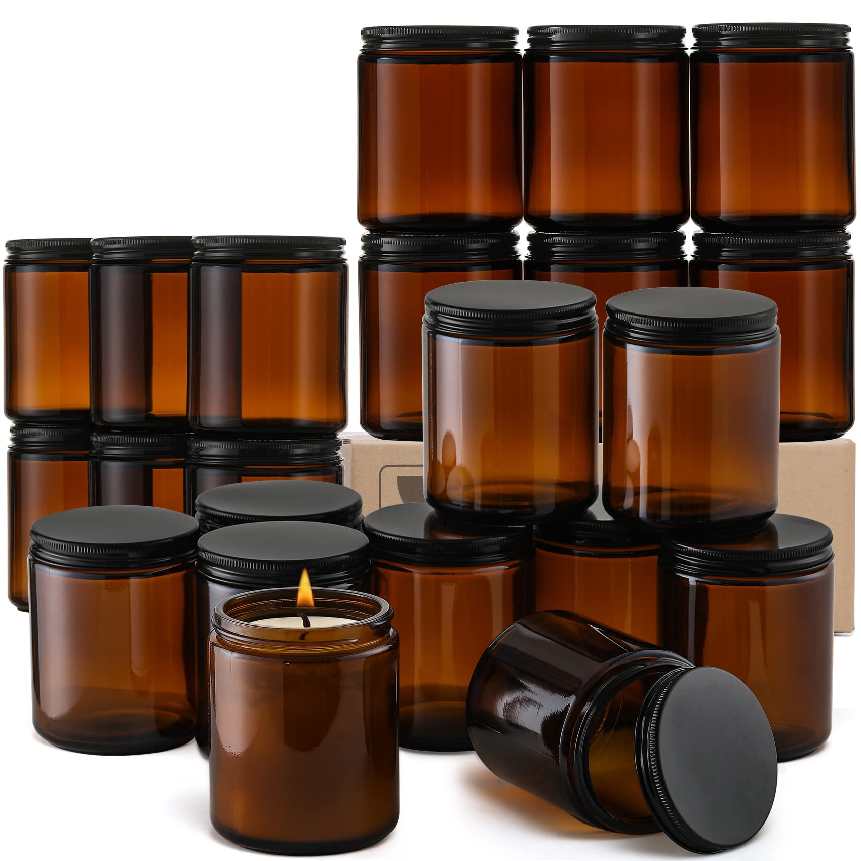 12 Pack, 8 OZ Dark Amber Candle Jars for Making Candle - Thick Glass Jars with 12 Metal & 12 Plastic Lids - Empty Round Food Storage Containers, Canning Jar For Spice, Liquid, Sample - Food Grade