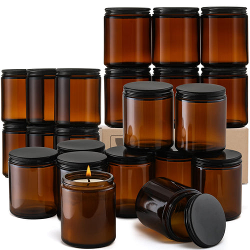 12 Pack, 8 OZ Dark Amber Candle Jars for Making Candle - Thick Glass Jars with 12 Metal & 12 Plastic Lids - Empty Round Food Storage Containers, Canning Jar For Spice, Liquid, Sample - Food Grade