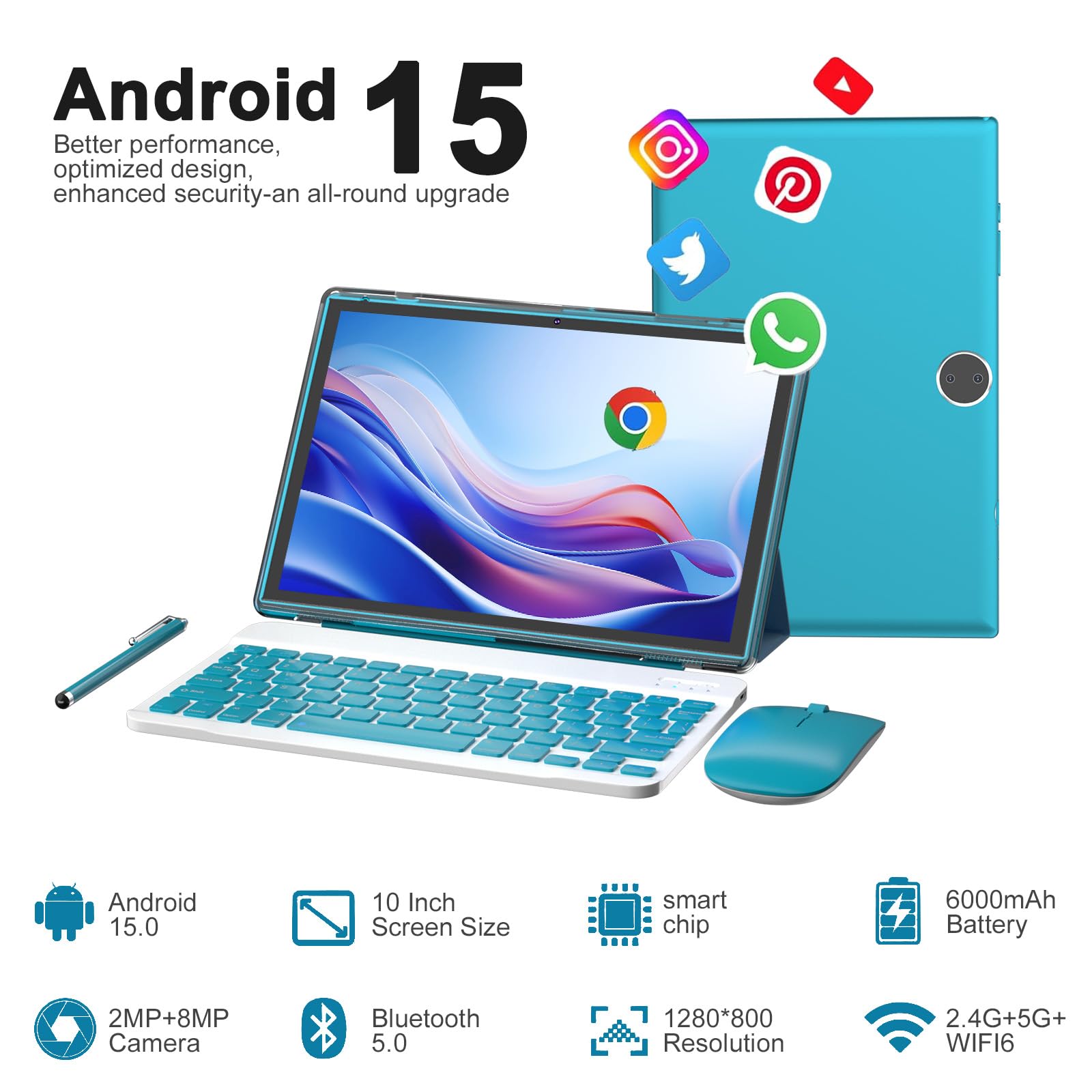 Android 15 | Tabalet with Keyboard | Tablet 10 inch | 2 in 1 Tablet | 8GB+32GB+2TB Expand | 1280 * 800 IPS Touch Screen Computer | 5G WiFi 6, L1 | Long Battery Life Tablet （Black）