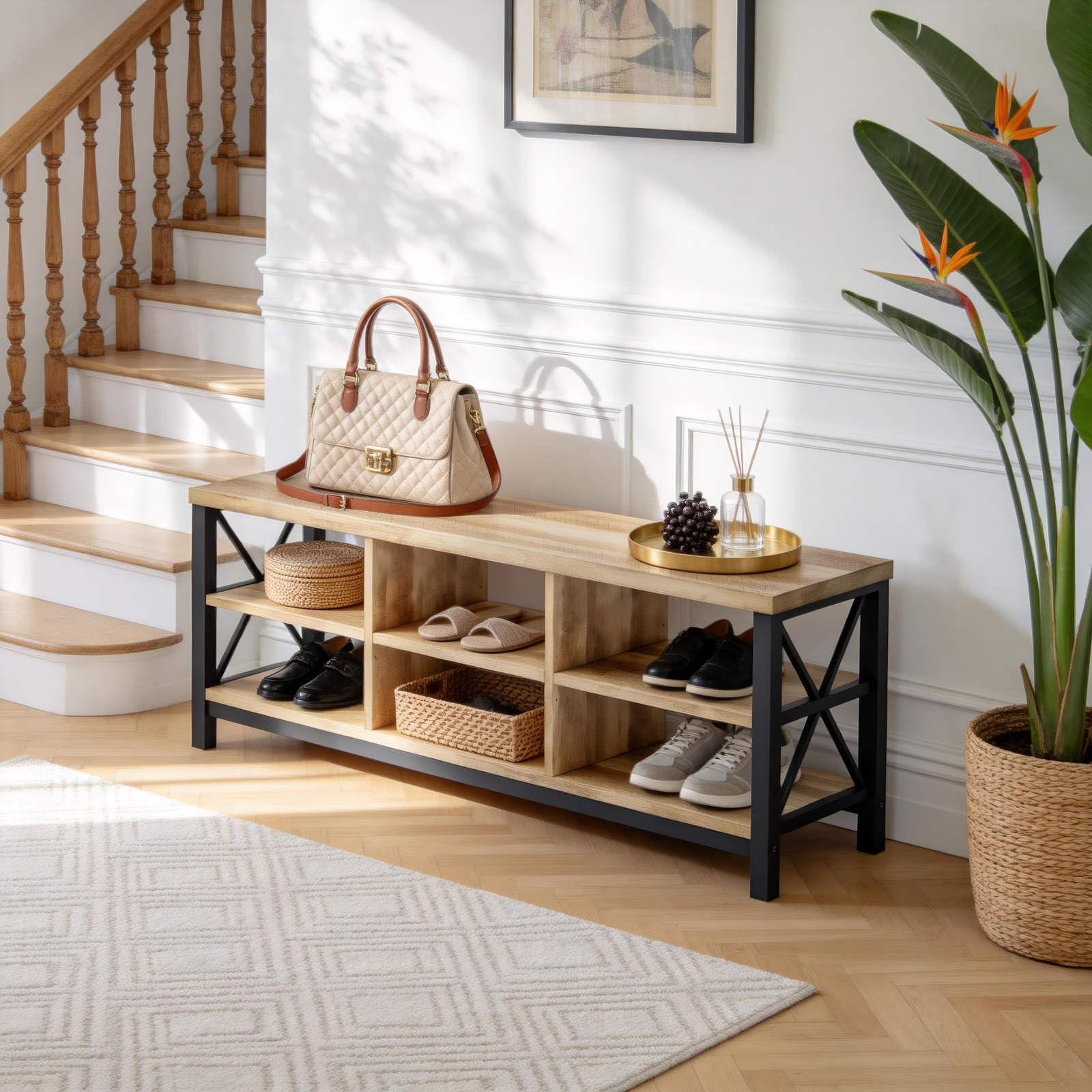 FATORRI Entryway Bench with Storage, 41 Inch Shoe Storage Bench, Industrial Wood Shoe Bench for Entry Way, Living Room, Bedroom and Mudroom (Black)