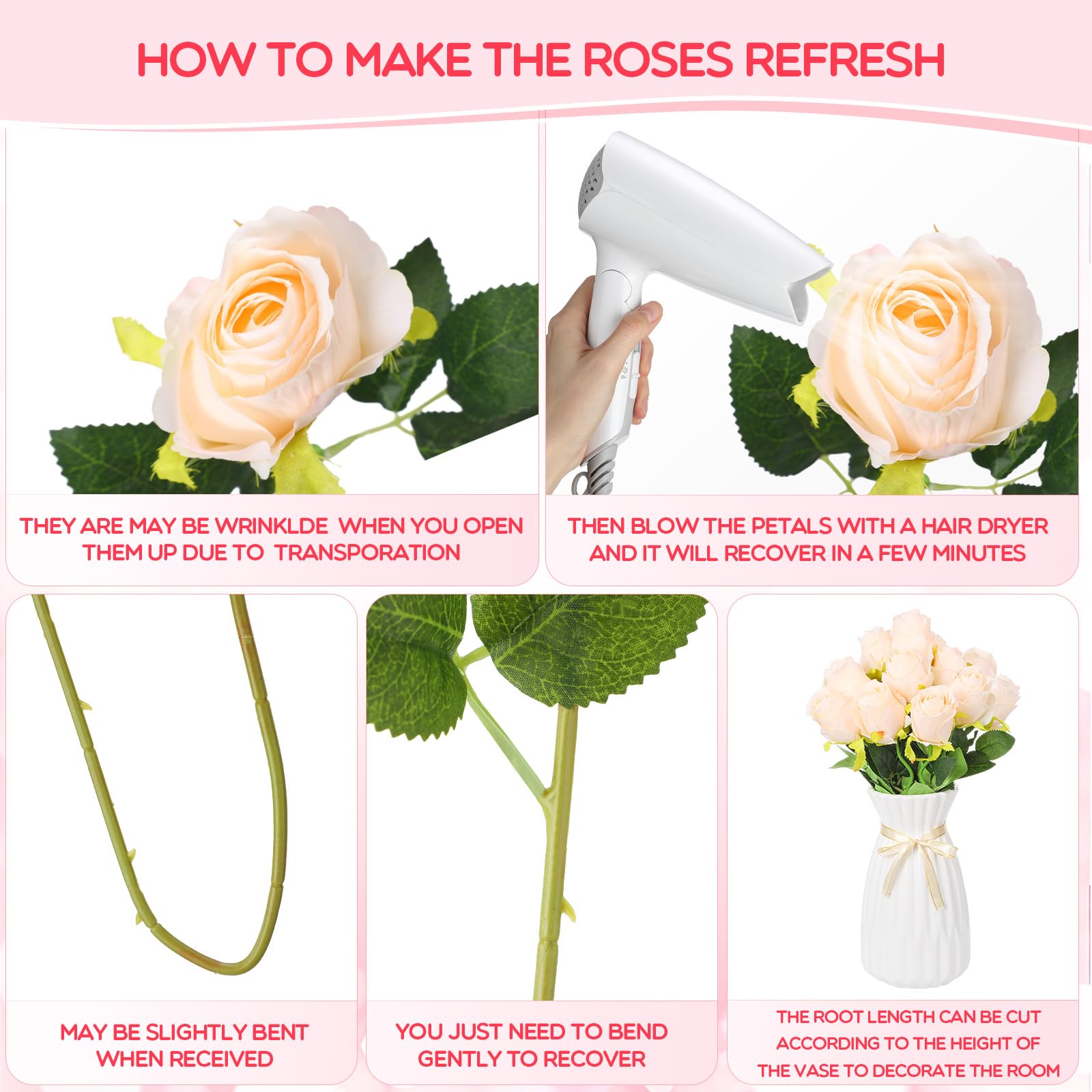 Jexine 100 Pieces Artificial Roses Flowers Bulk, Long Stem Realistic Fake Silk Roses Bouquet for Table Centerpiece Vases Wedding Party Kitchen Decor(Beige)