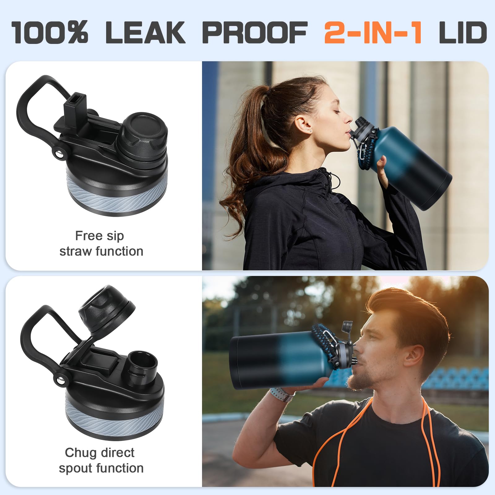 GAZLEMHO 40 oz Insulated Water Bottle with Straw& Spout 2-in-1 Lid, Triple Wall Vacuum Stainless Steel Cold 48H, Leak Proof Sports Metal Flask Jug with Paracord Handle, Black