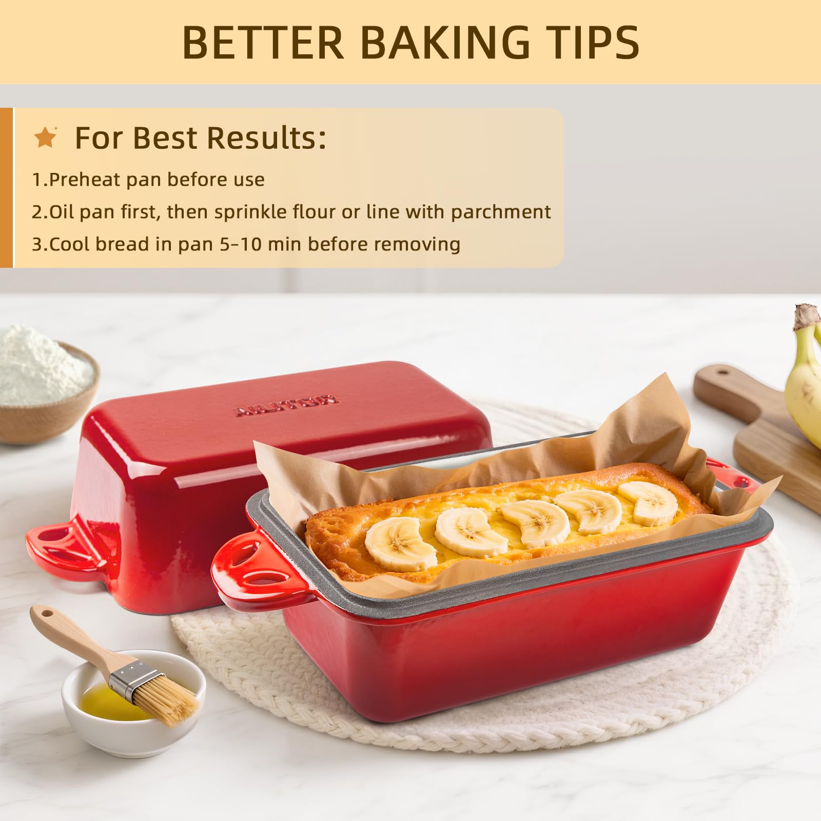 AILITOR 9x5 Enameled Cast Iron Loaf Pan with Lid - 2 in 1 Sourdough Bread Pan for Homemade Baking