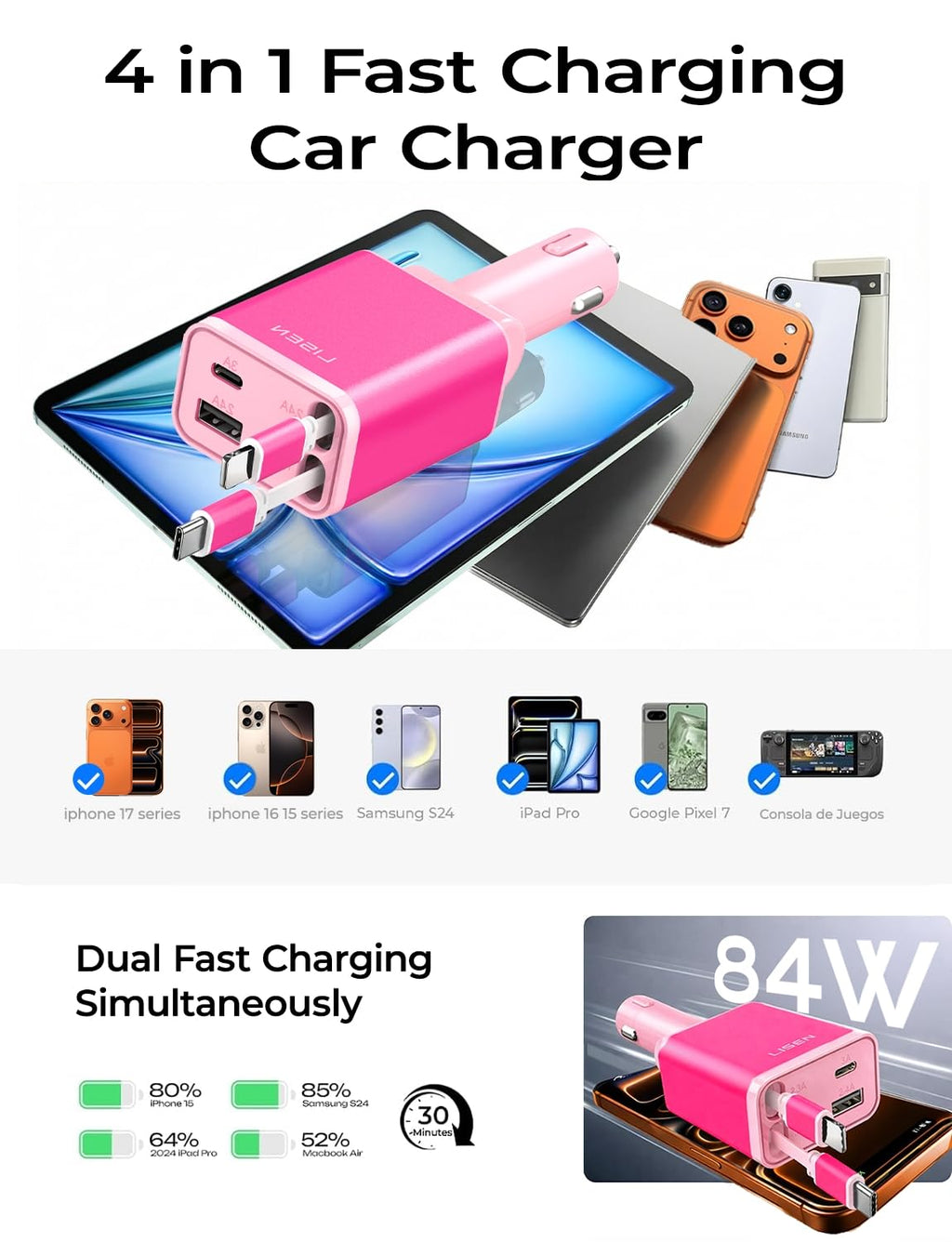 LISEN Retractable Car Charger, 84W Car Charger USB C Fast Charger Adapter for iPhone, Car Accessories for Men Women, Birthday Gifts for Fathers Day for Men Dad Husband, for iPhone 17 16 15 14 13 12 11