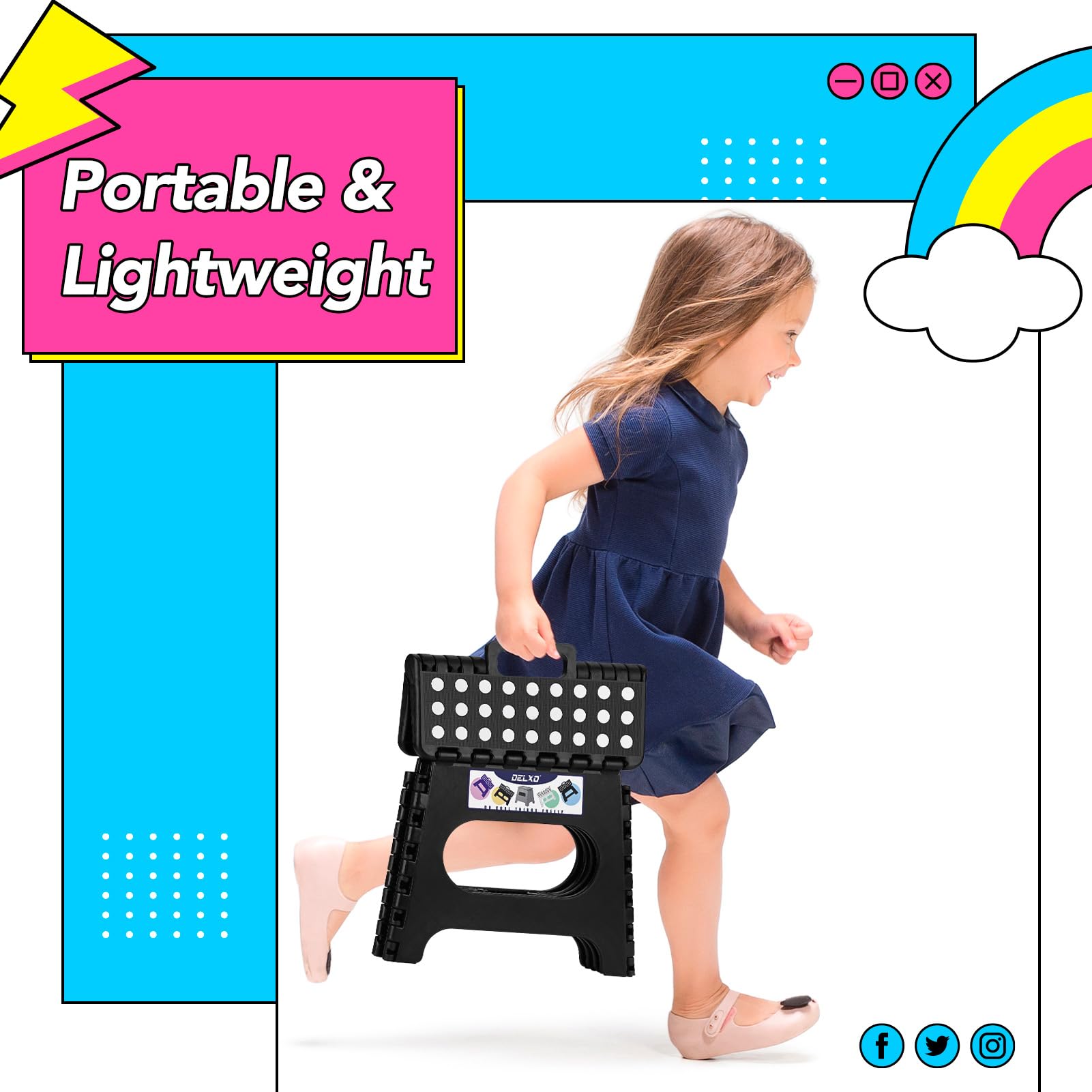 Delxo 11 inch 2 Pack Folding Step Stool, Non-Slip Foldable Stools Up to 300 LBS, Step Stool with Handle, Lightweight Collapsible stools for Kitchen, Bathroom, Bedroom, Garden (Black)
