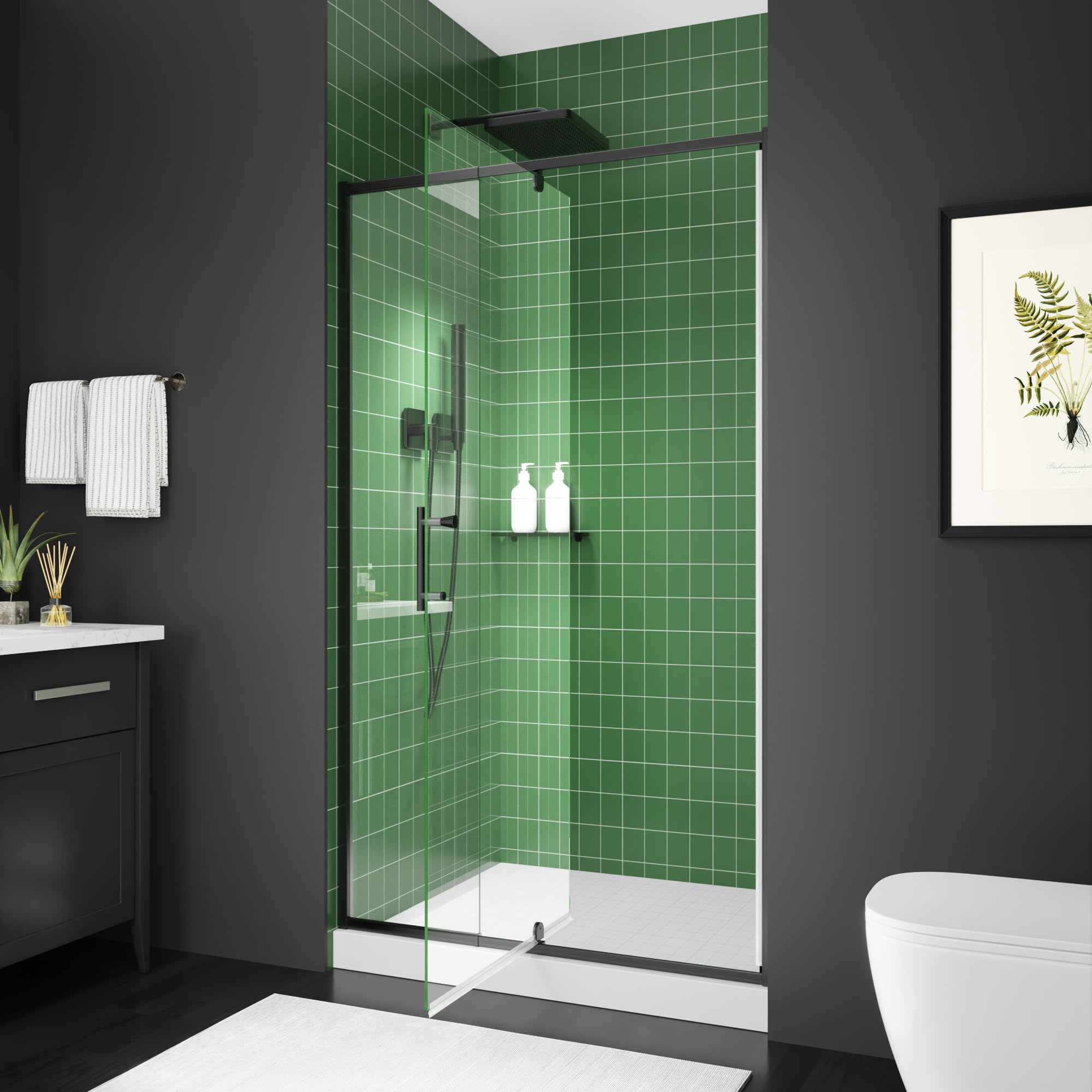 38–42 Inch W x 71 Inch H Semi-Frameless Pivot Shower Door, Swing Glass Shower Door with 1/4" (6mm) Clear SGCC Tempered Glass, Matte Black Finish, Reversible Installation for Bathroom