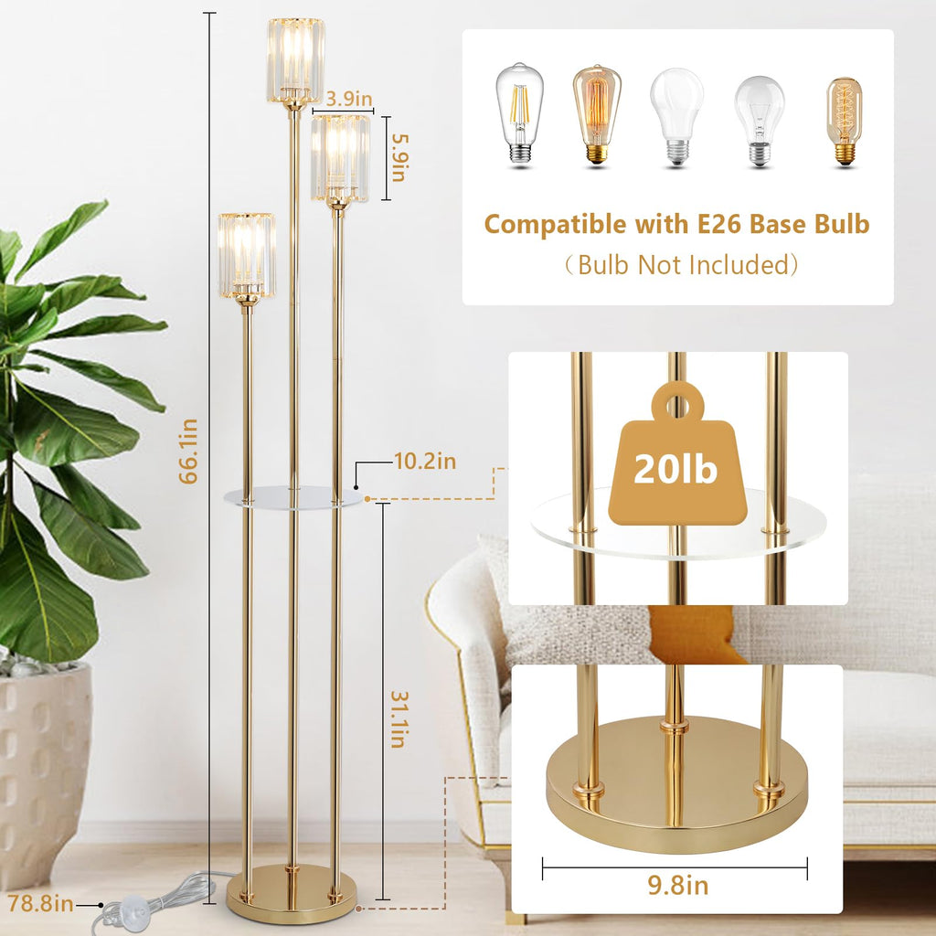HMVPL Gold Floor Lamps for Living Room, Modern Floor Lamp with Shelves, Crystal Standing Lamps with Table, Brass Tall Lamp with Crystal Shade, On/Off Switch, Mid Century Corner Floor Lamp for Bedroom