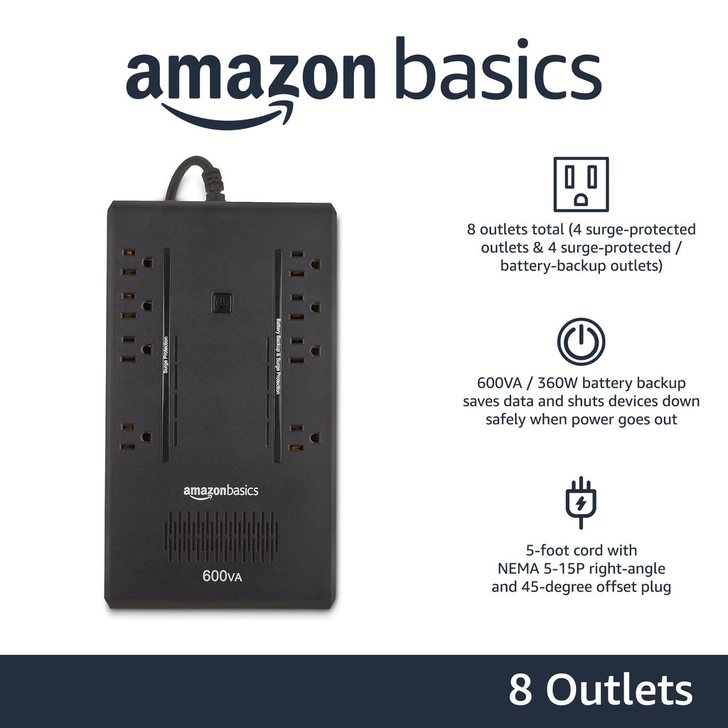 Amazon Basics UPS Battery Backup & Surge Protector, 400VA/255W, 6 Outlets, Uninterruptible Power Supply, Small Compact Size, Black