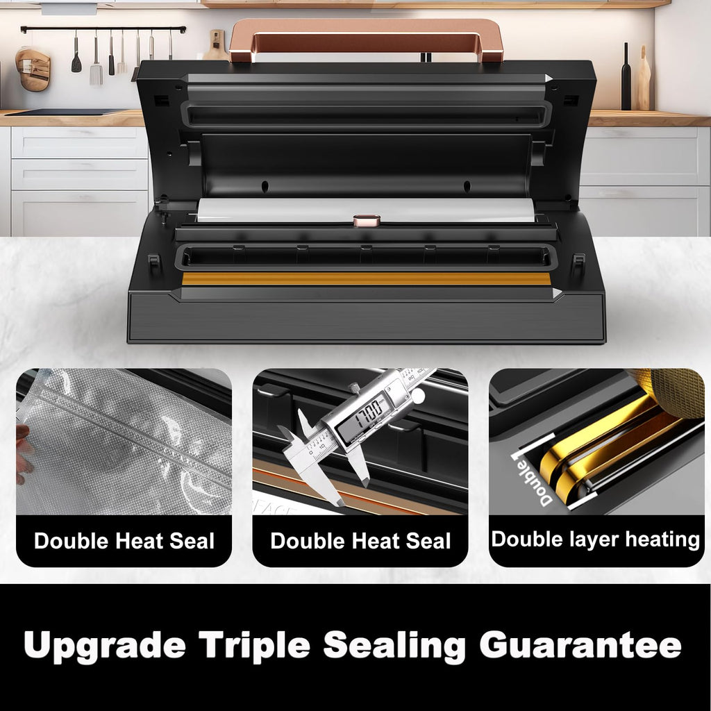 Powerful Suction Vacuum Sealer Machine,Commercial Fully Automatic Food Vacuum Sealer with Double Heat Seal,Dry & Moist Modes,Built-in Cutter,Bags Storage,Easy-Lock Handle,Include 2 Bag Rolls (Black)