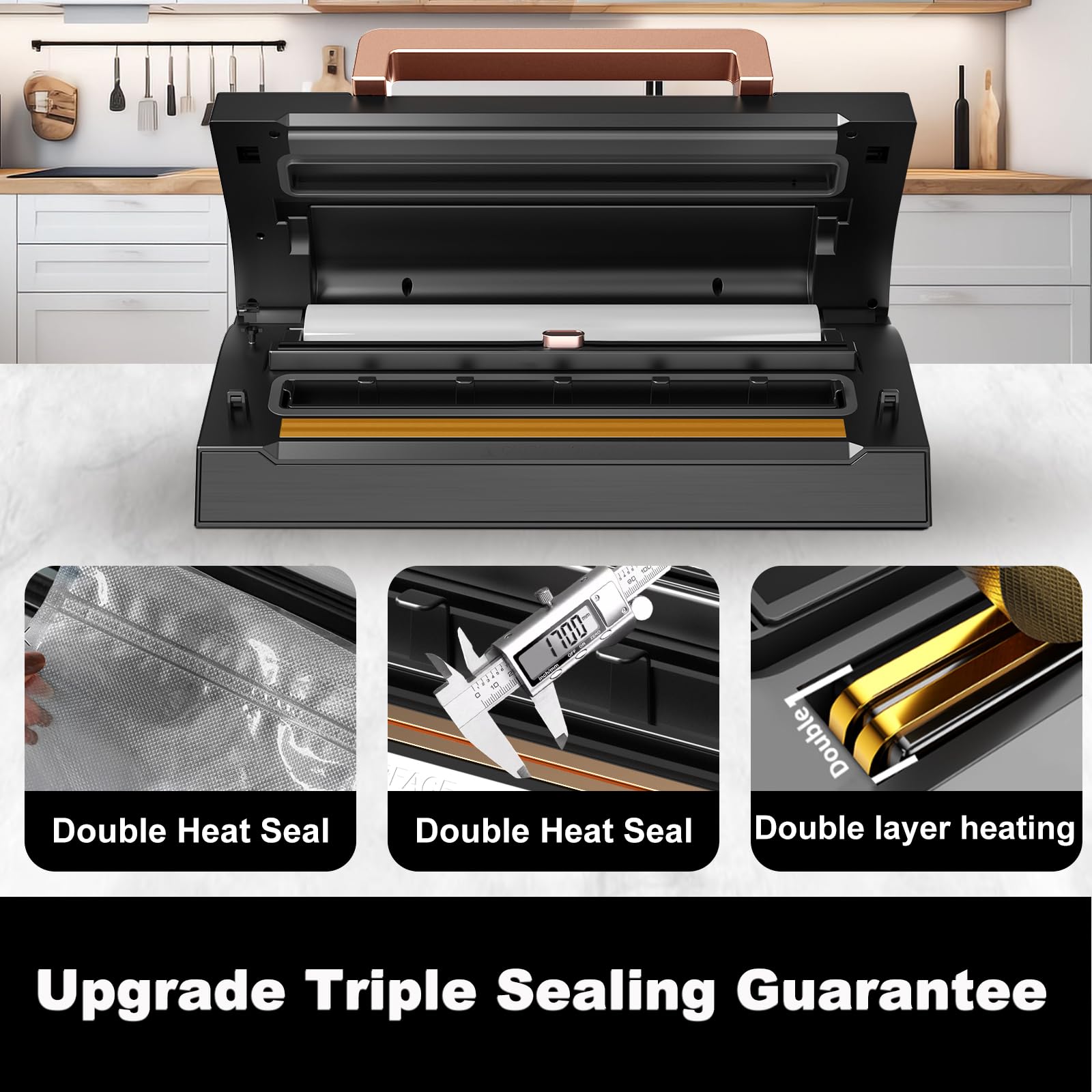 Powerful Suction Vacuum Sealer Machine,Commercial Fully Automatic Food Vacuum Sealer with Double Heat Seal,Dry & Moist Modes,Built-in Cutter,Bags Storage,Easy-Lock Handle,Include 2 Bag Rolls (Black)