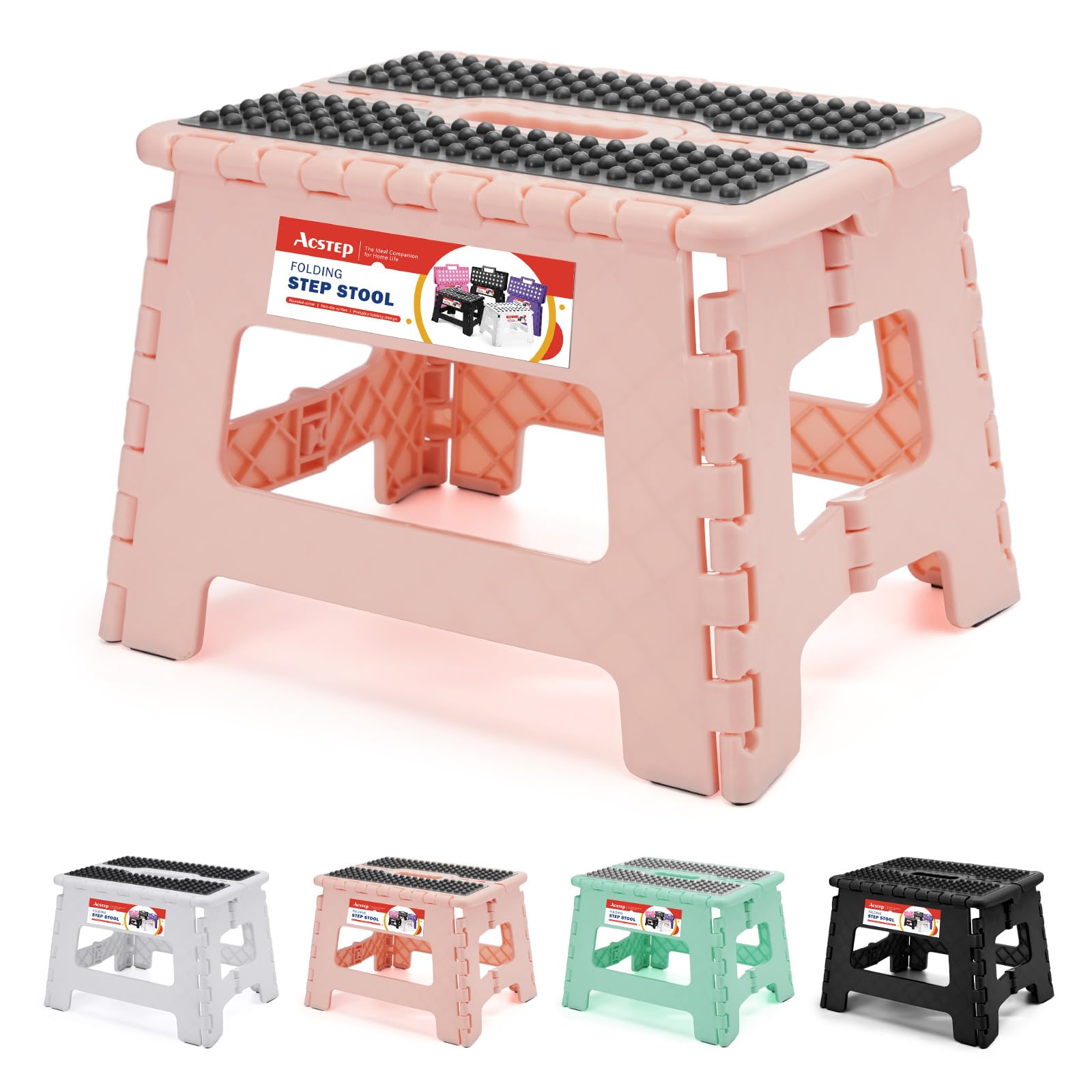 ACSTEP 9 Inch Folding Step Stool 300 LB Capacity Plastic Foldable Step Stools for Kids and Adults, Folding Stool Suitable for Kitchen, Stepping Stool with Handle Bicolor Green Small Step Stool 1PC