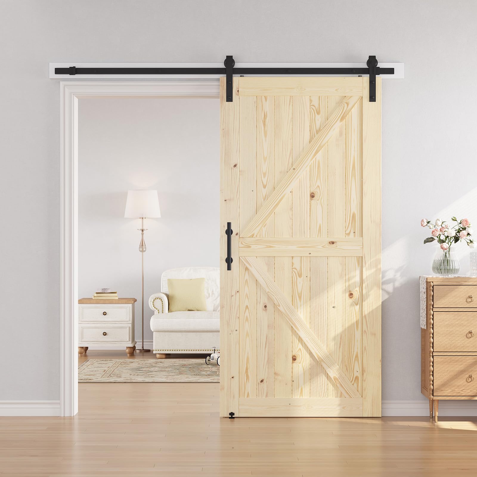 SmartStandard 24in x 80in Sliding Barn Wood Door Pre-Drilled Ready to Assemble, DIY Unfinished Solid Spruce Wood Panelled Slab, Interior Single Door Only, Natural, K-Frame (Fit 4FT Rail)