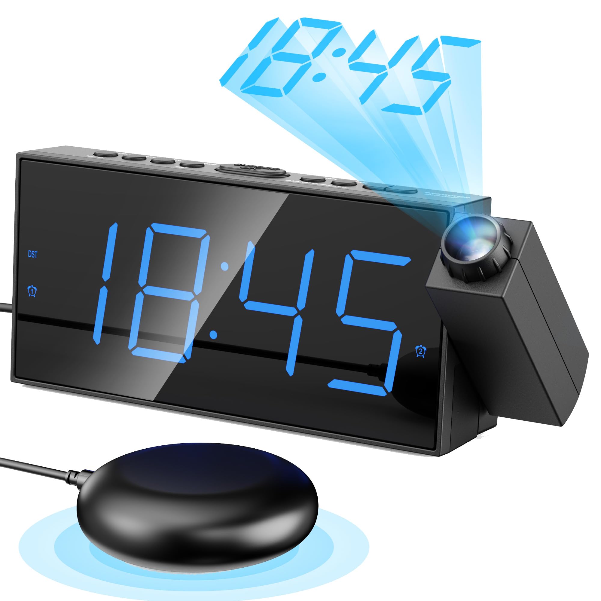 Digital Projection Alarm Clocks for Bedrooms - Large LED Display, 180° Rotatable Projector, 5-Level Dimmer,USB Charger,Battery Backup,Loud Dual Alarms for Kids Elderly,Heavy Sleepers,Snooze,12/24H,DST
