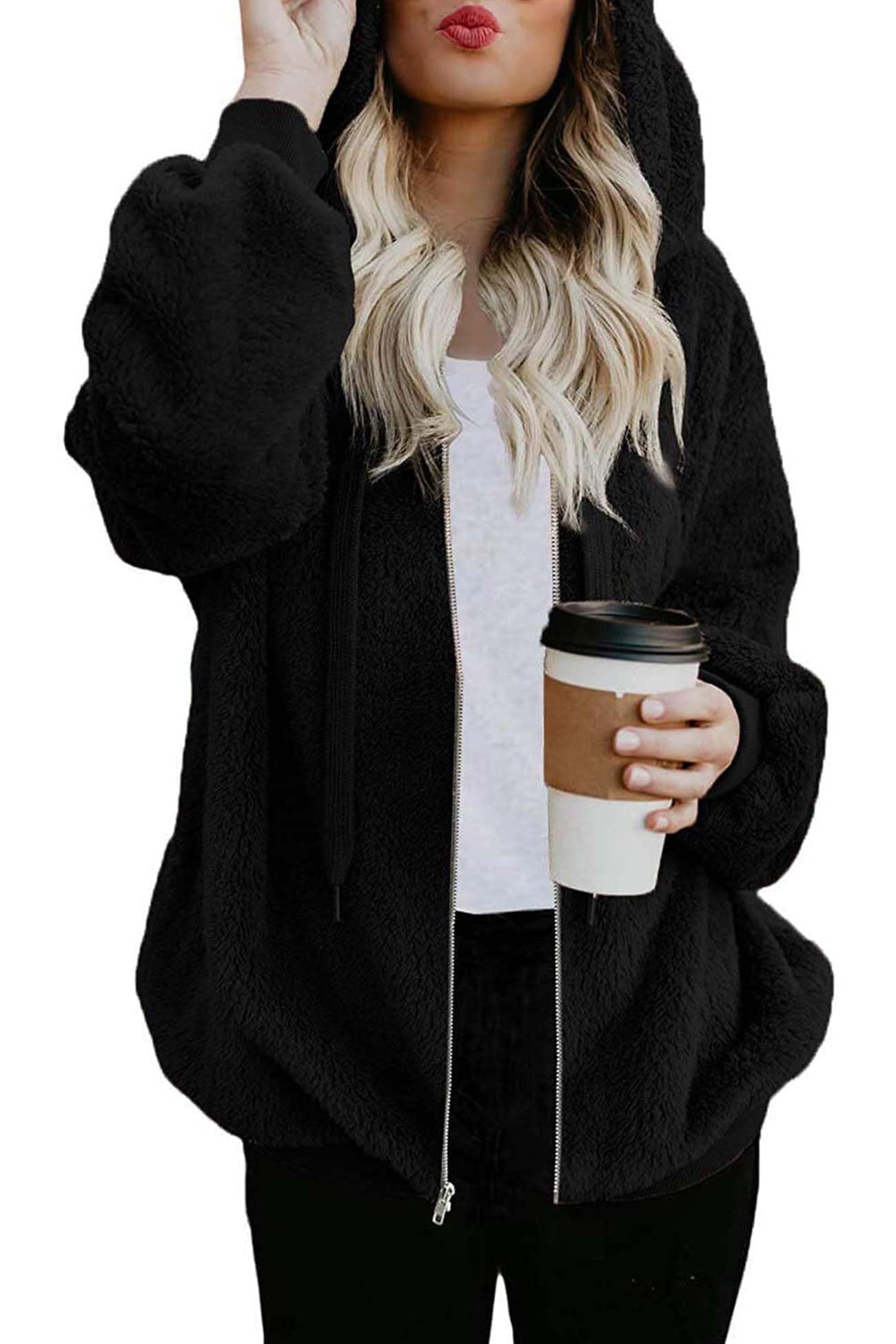 ReachMe Womens Oversized Sherpa Jacket Fuzzy Fleece Zip Up Hoodies with Pockets Warm Fall Outfits Winter Coats