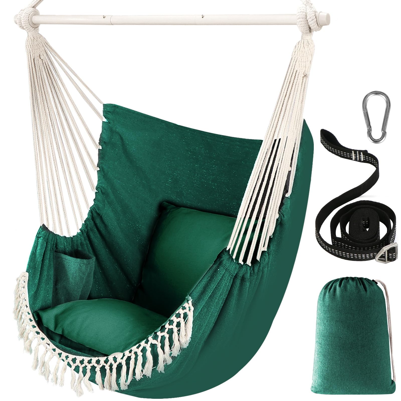 Chihee Hammock Chair Hanging Swing Max 500 Lbs 2 Cushions Included Metal Spreader Bar with Anti-Slip Grooves Portable Hanging Chair Side Pocket Large Macrame Bohemian Chair Indoor Outdoor | Hanging Swing with Anti-Slip Grooves Portable Hanging Chair Side