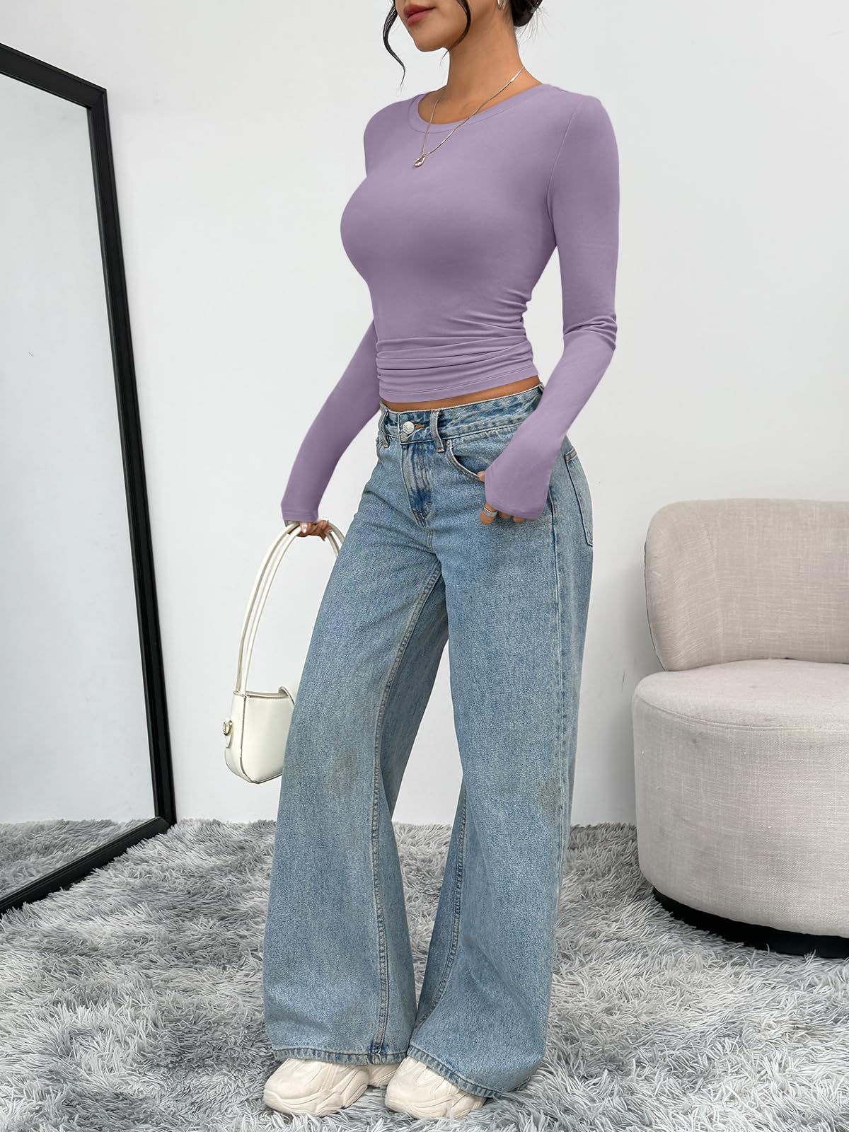 Trendy Queen Womens Long Sleeve T-Shirts Basic Crop Tops 2026 Spring Fashion Outfits Going Out Winter Clothes