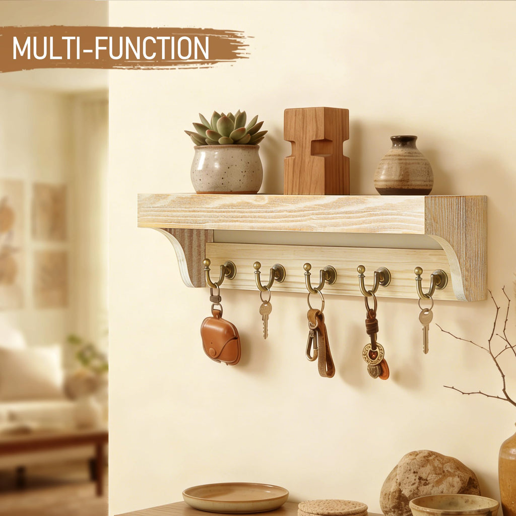 Rebee Vision Acacia Wood Farmhouse Key Holder Wall Mount for Room Decor – Retro Key Holder for Wall with Shelf for Cute Things– Stylish Home Storage for Apartment Essentials (Acacia Wood)