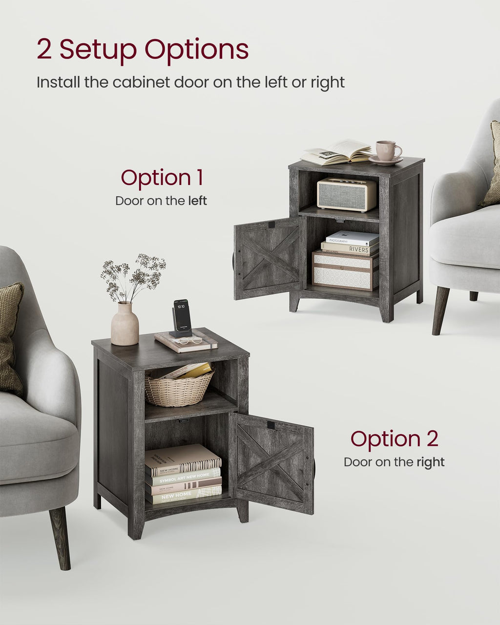 VASAGLE LIRY Collection - Farmhouse Nightstand with Barn Door, Bedside Table with Storage, Side End Table, Night Stand, Open Compartment, for Bedroom, Misty Gray ULET609G68