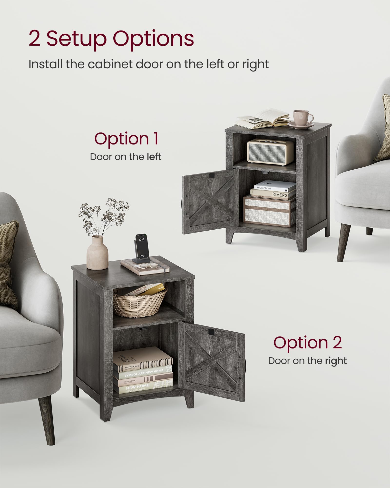 VASAGLE LIRY Collection - Farmhouse Nightstand with Barn Door, Bedside Table with Storage, Side End Table, Night Stand, Open Compartment, for Bedroom, Misty Gray ULET609G68