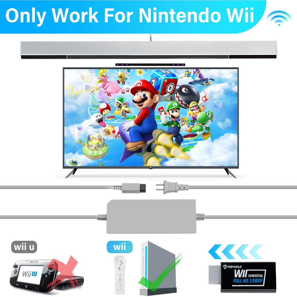 PORTHOLIC 4 in 1 Wii Replacement Cables Set, Wii AC Power Adapter + Wii to hdmi Converter+ Wired Motion Sensor Bar and Composite Audio Video Cable for Nintendo Wii