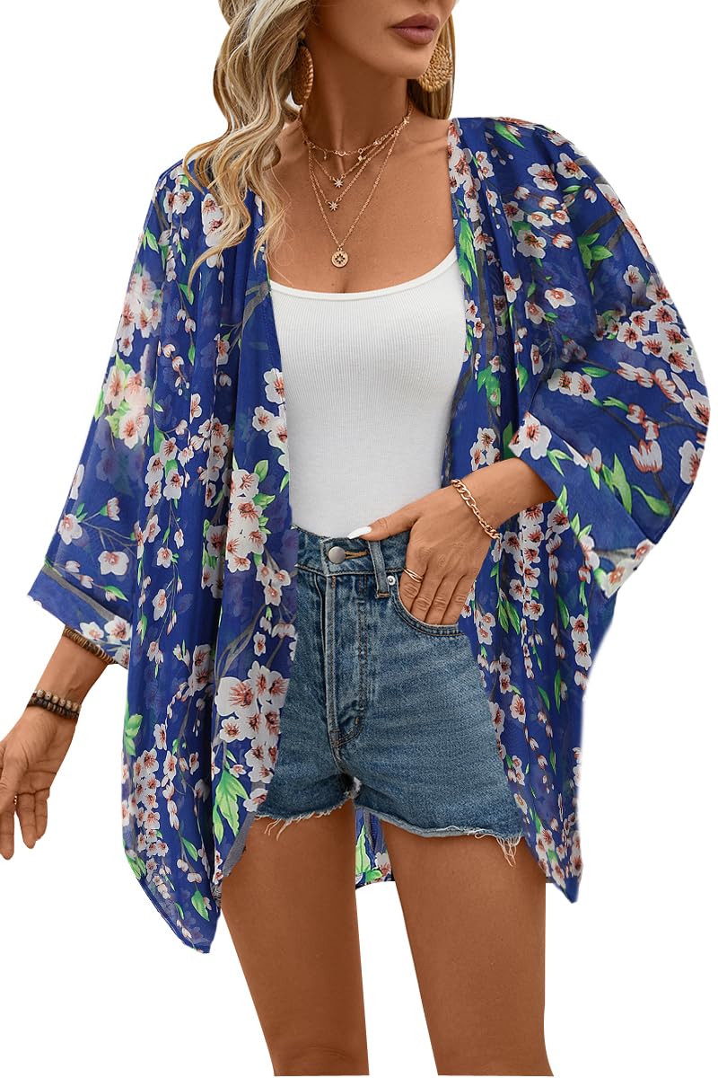 olrain Women's Floral Print Sheer Chiffon 3/4 Bat Sleeve Casual Loose Kimono Cardigan Capes