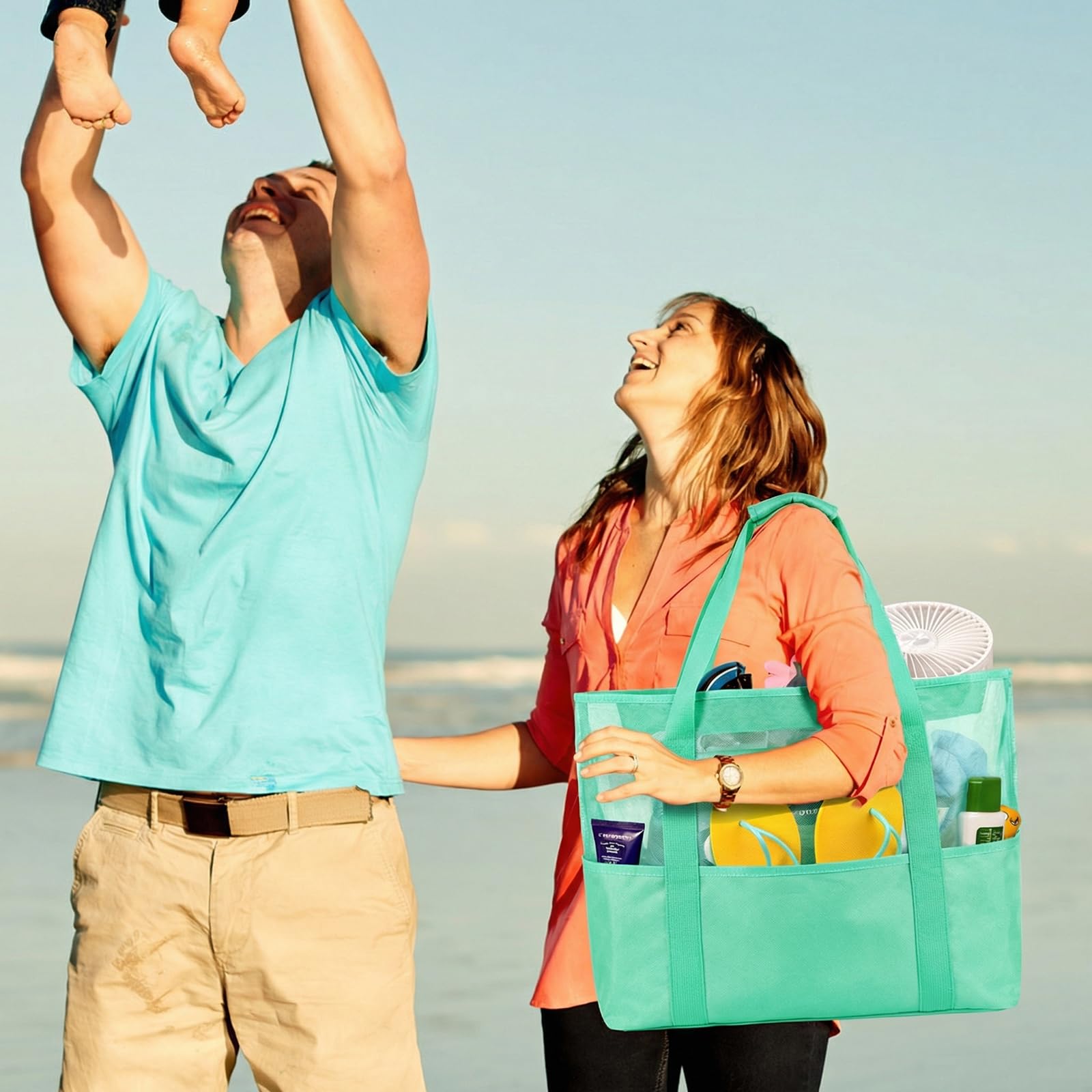 Mesh Beach Bag - Large Waterproof Beach Tote Bag with Zipper, Oversized Foldable Lightweight Family Swim Bag Vacation