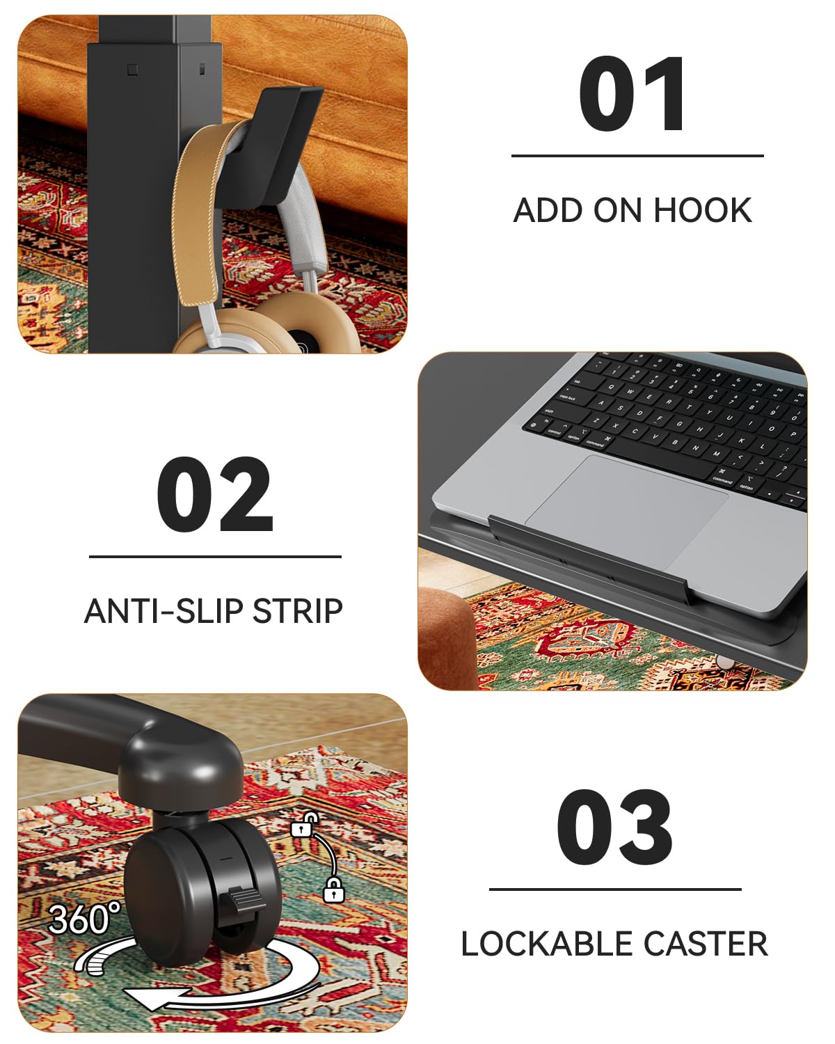 JOY worker Foldable Mobile Standing Desk, Height Adjustable Sit Stand Desk, 90° Tiltable Rolling Laptop Table, Portable Workstation with Non-Slip Mat for Home Office, Holds Up to 22lbs, Black