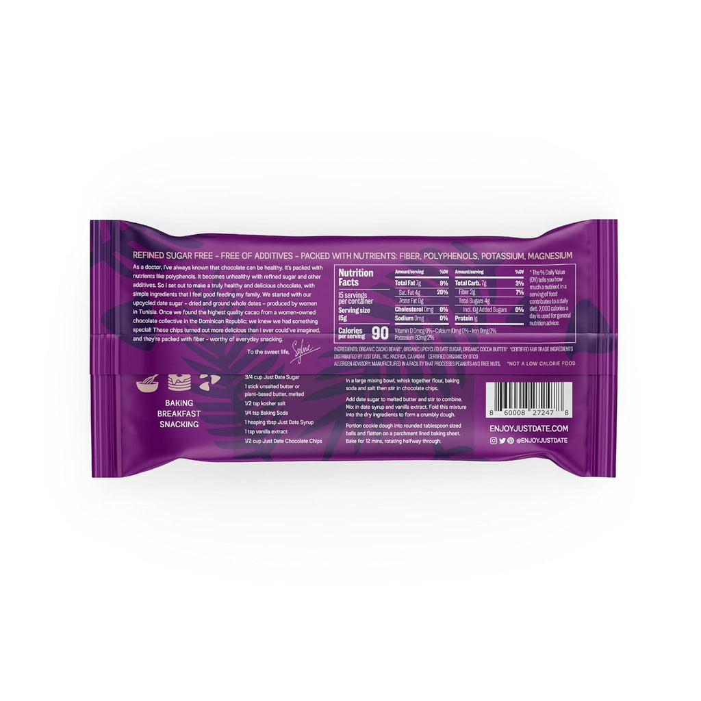 Just Date Organic Date Sweetened Dark Chocolate Chips / 65% Cacao / Vegan / No Sugar Added / Only 3 Ingredients / Low Glycemic Index / 8 Oz