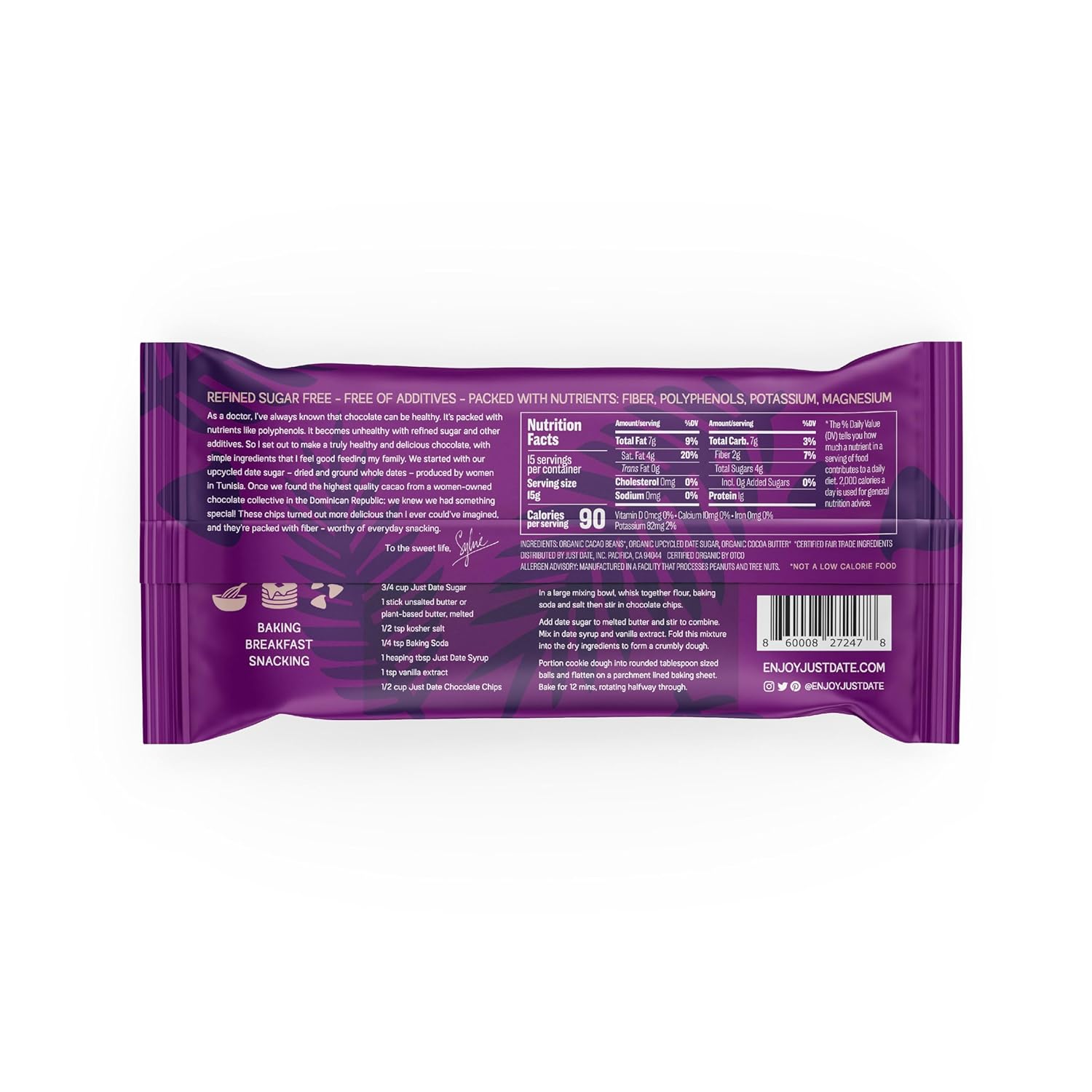 Just Date Organic Date Sweetened Dark Chocolate Chips / 65% Cacao / Vegan / No Sugar Added / Only 3 Ingredients / Low Glycemic Index / 8 Oz