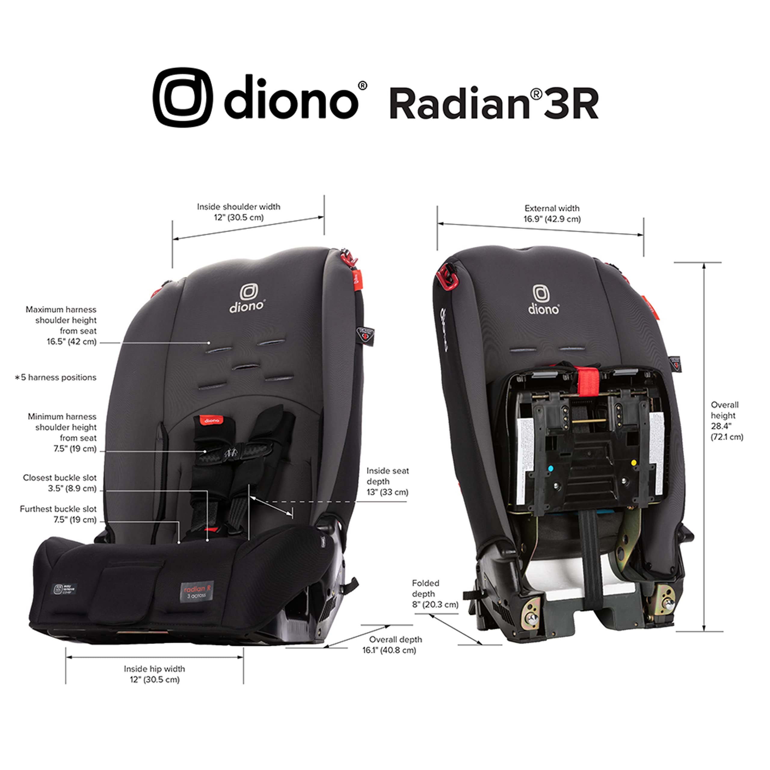 Diono Radian 3R, 3-in-1 Convertible Car Seat, Rear Facing & Forward Facing, 10 Years 1 Car Seat, Slim Fit 3 Across, Jet Black
