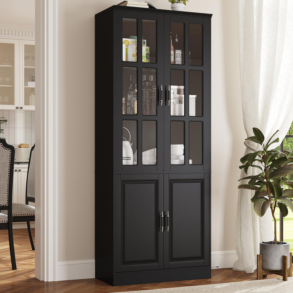 MEISSALIVVE Kitchen Pantry Storage Cabinet with LED Lights, 78.7" Tall with Glass Doors & Drawers, Freestanding Utility Cabinet, Black (31.5" W x 15.7" D)