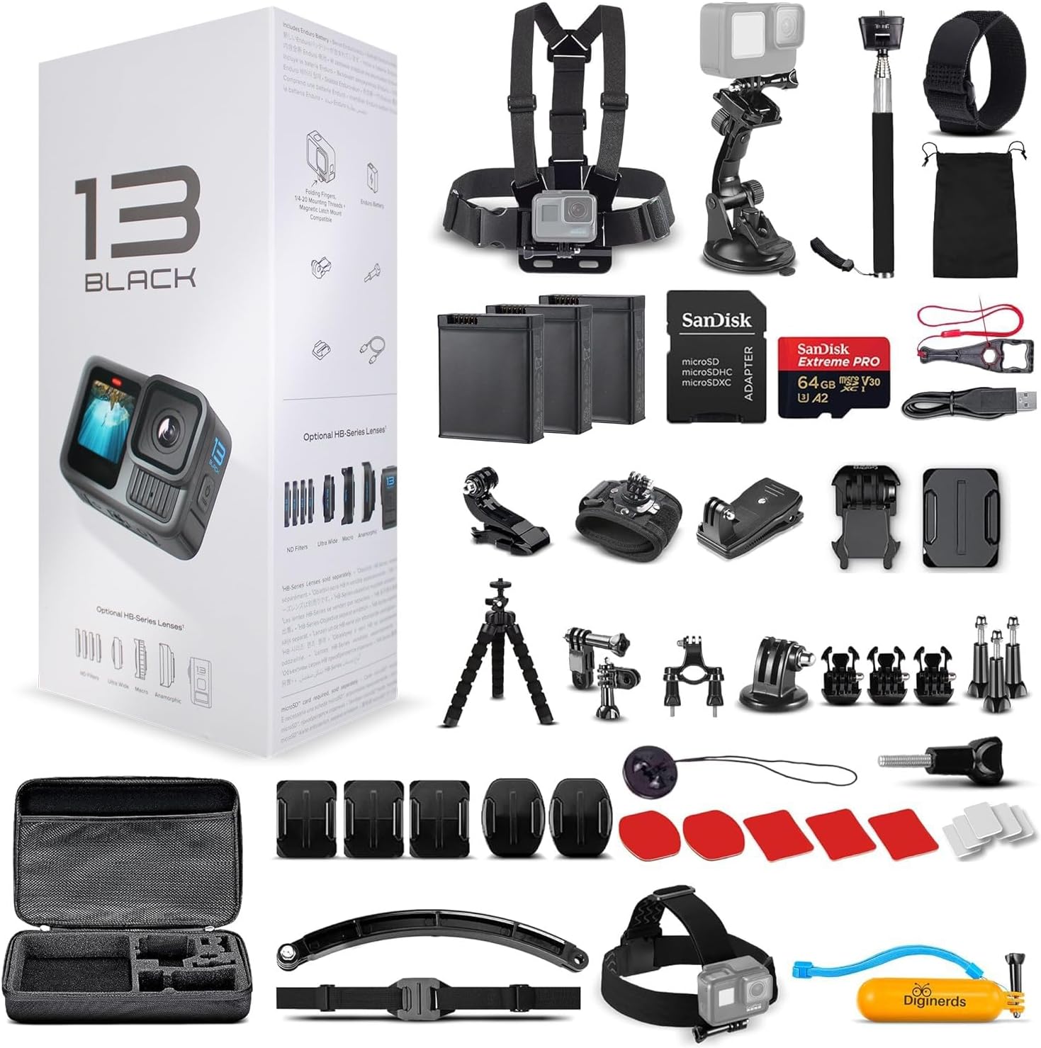 GoPro HERO13 (Hero 13) Black - with 50 Piece Accessory Kit and 2 Extra Batteries + 64GB Card - Waterproof Action Camera - 5.3K HDR, 27MP Photos, 1/1.9" Sensor, Live Streaming, Webcam, Stabilization