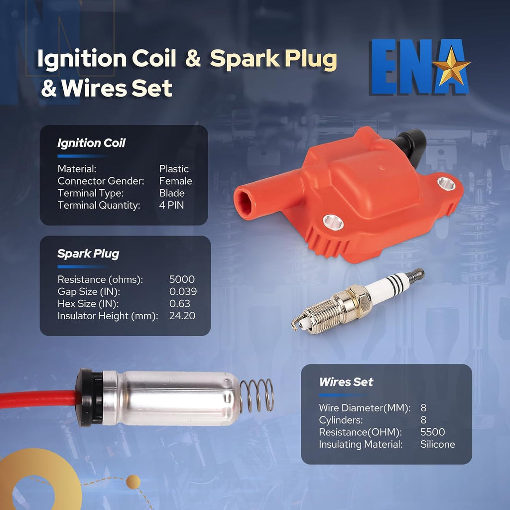 ENA Set of 8 Red Square Ignition Coil Pack and 7mm Red Wires Set with Platinum Spark Plug Compatible with Chevy GMC Avalanche Impala Silverado Express Sierra 1500 Yukon 4.8L 5.3 Replacement for UF413