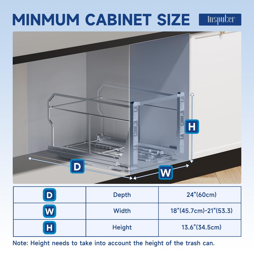Insputer Pull Out Trash Can Under Cabinet with Push to Open Slides, Heavy Duty Under Sink Garbage Can Kit for Kitchen, Laundry, Not Included Bin, Requires 15" W X 18" D Cabinet (Grey)