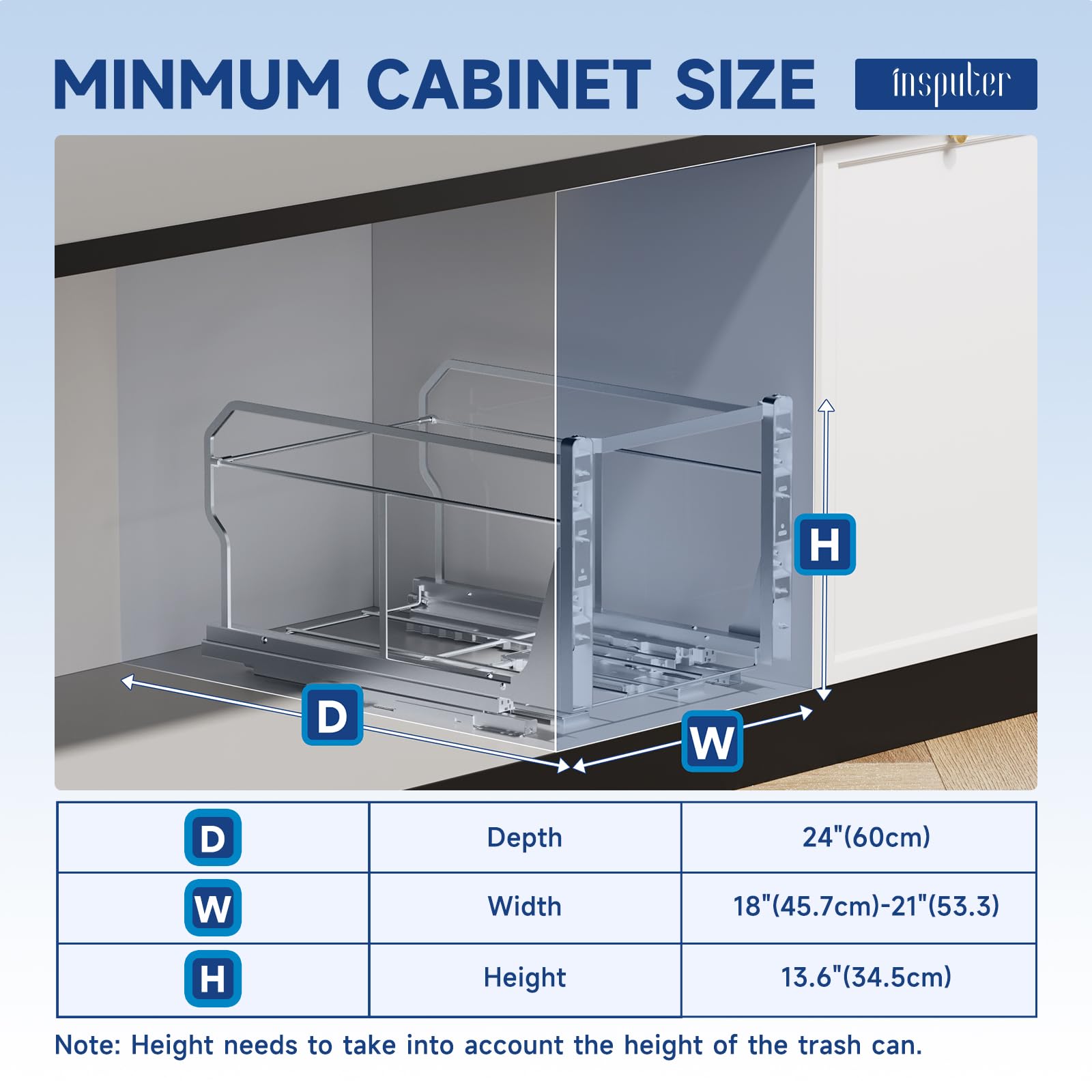 Insputer Pull Out Trash Can Under Cabinet with Push to Open Slides, Heavy Duty Under Sink Garbage Can Kit for Kitchen, Laundry, Not Included Bin, Requires 15" W X 18" D Cabinet (Grey)