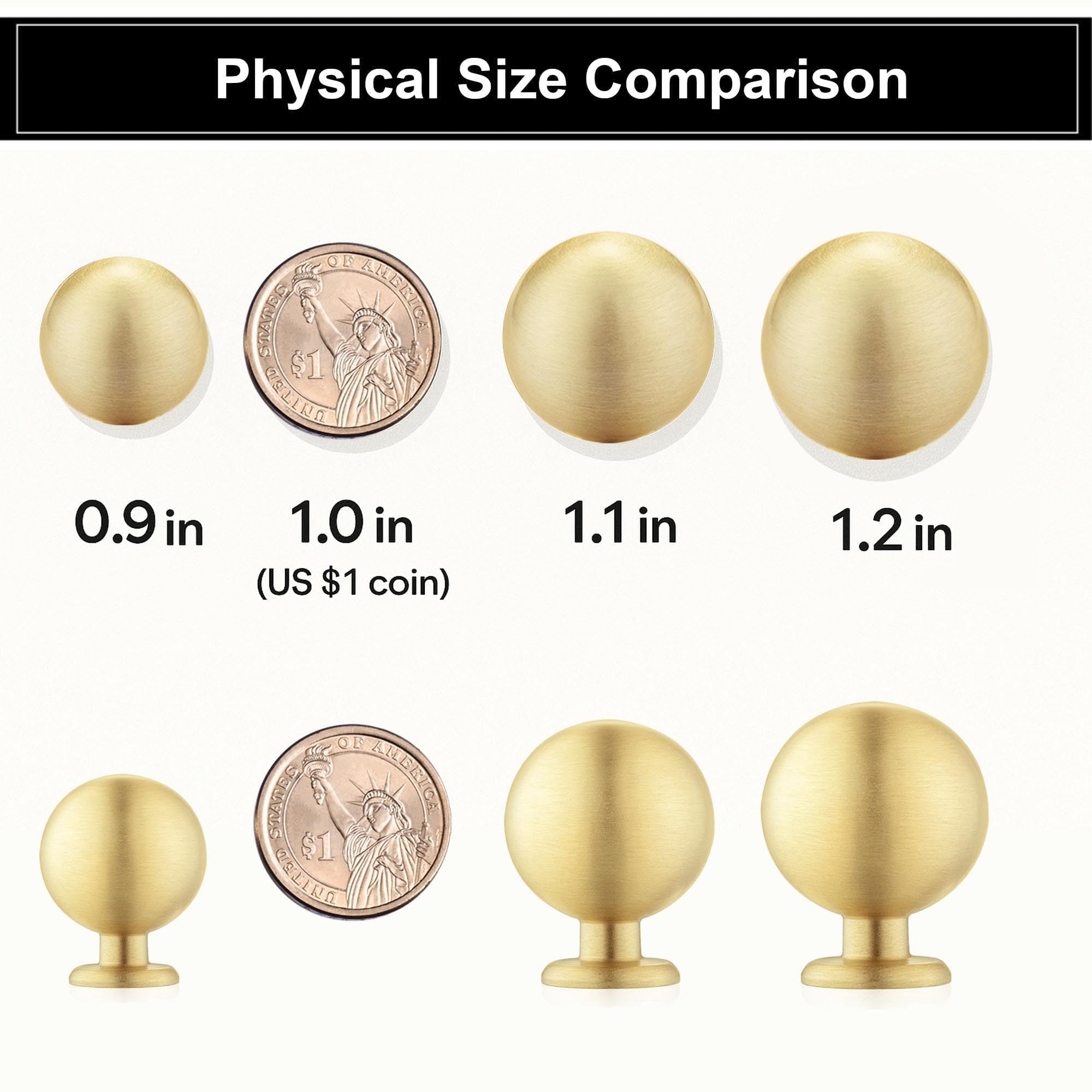 QOGRISUN 10-Pack Small Solid Brass Cabinet Knobs, Round Ball Gold Knobs for Dresser Drawer, 0.9-Inch Diameter, Mini Sphere Cabinet Pulls, Brushed Brass Finish