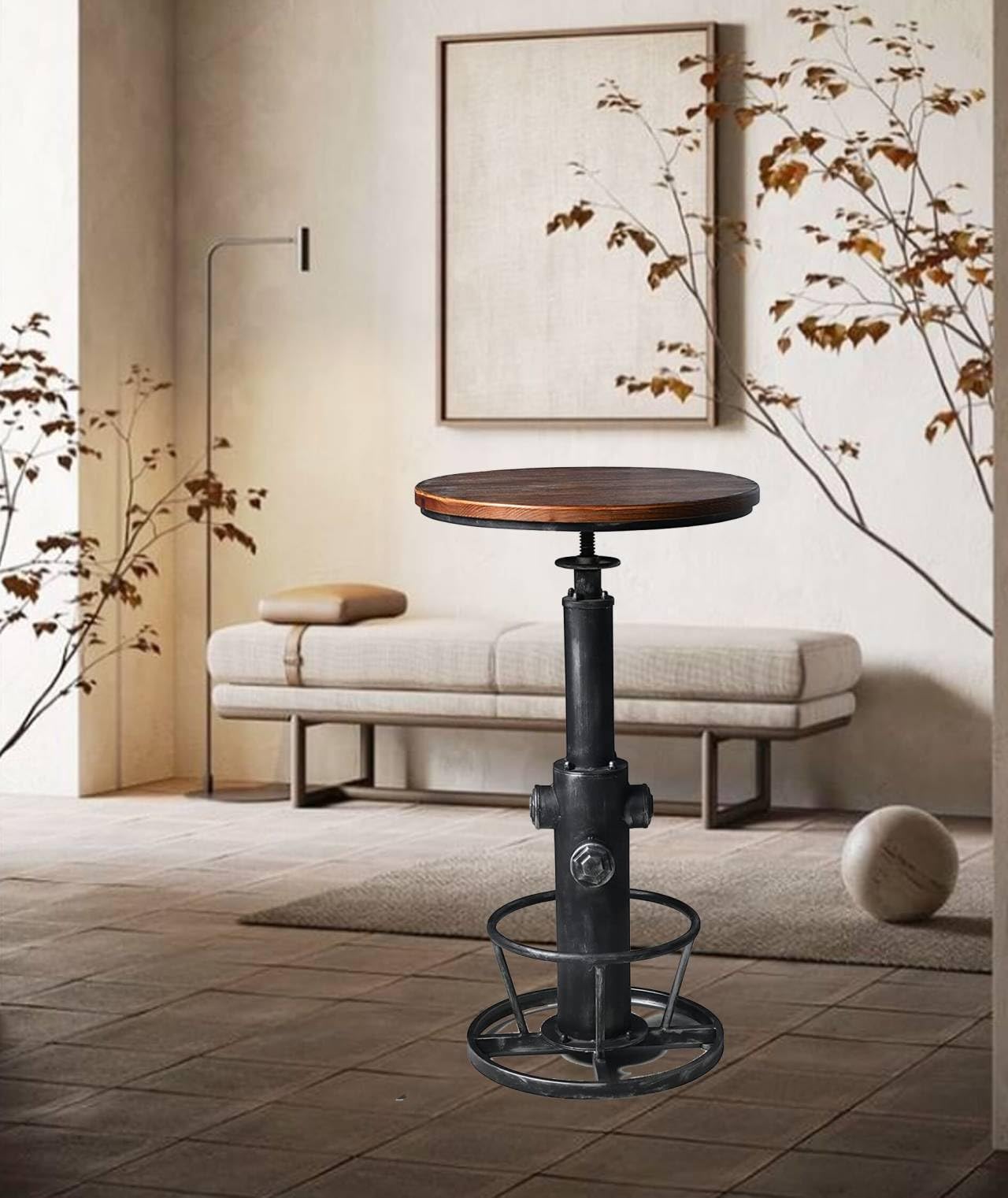 LOKKHAN Industrial Bar Table 38.6"-48.4" Height Adjustable Swivel Round Wood Tabletop 23.7" Dia, Kitchen Dining Office Coffee Bistro Pub Table (Aged Blue)