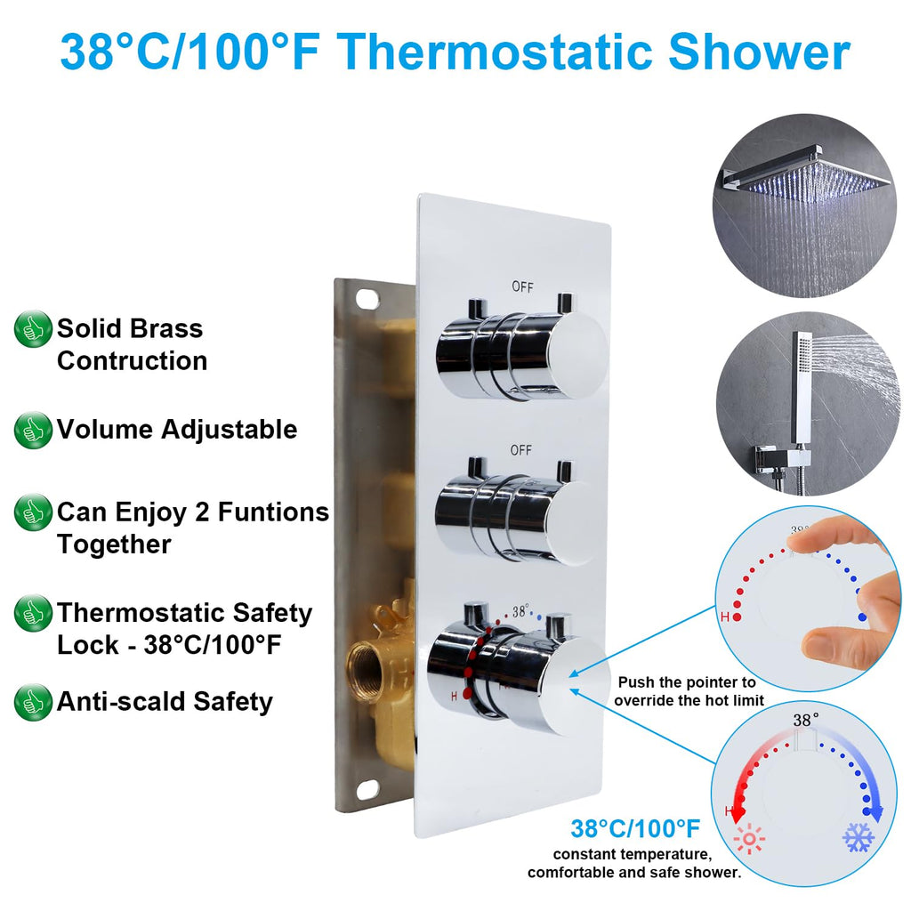 HOMEDEC 2 Way Shower Diverter Valve Brass Dual Functions Thermostatic Shower Mixing Valve Kit 3 Handle Flow Control Valve, 3/4 Inch Inlet, Can Use All Options At a Time, Matte Black