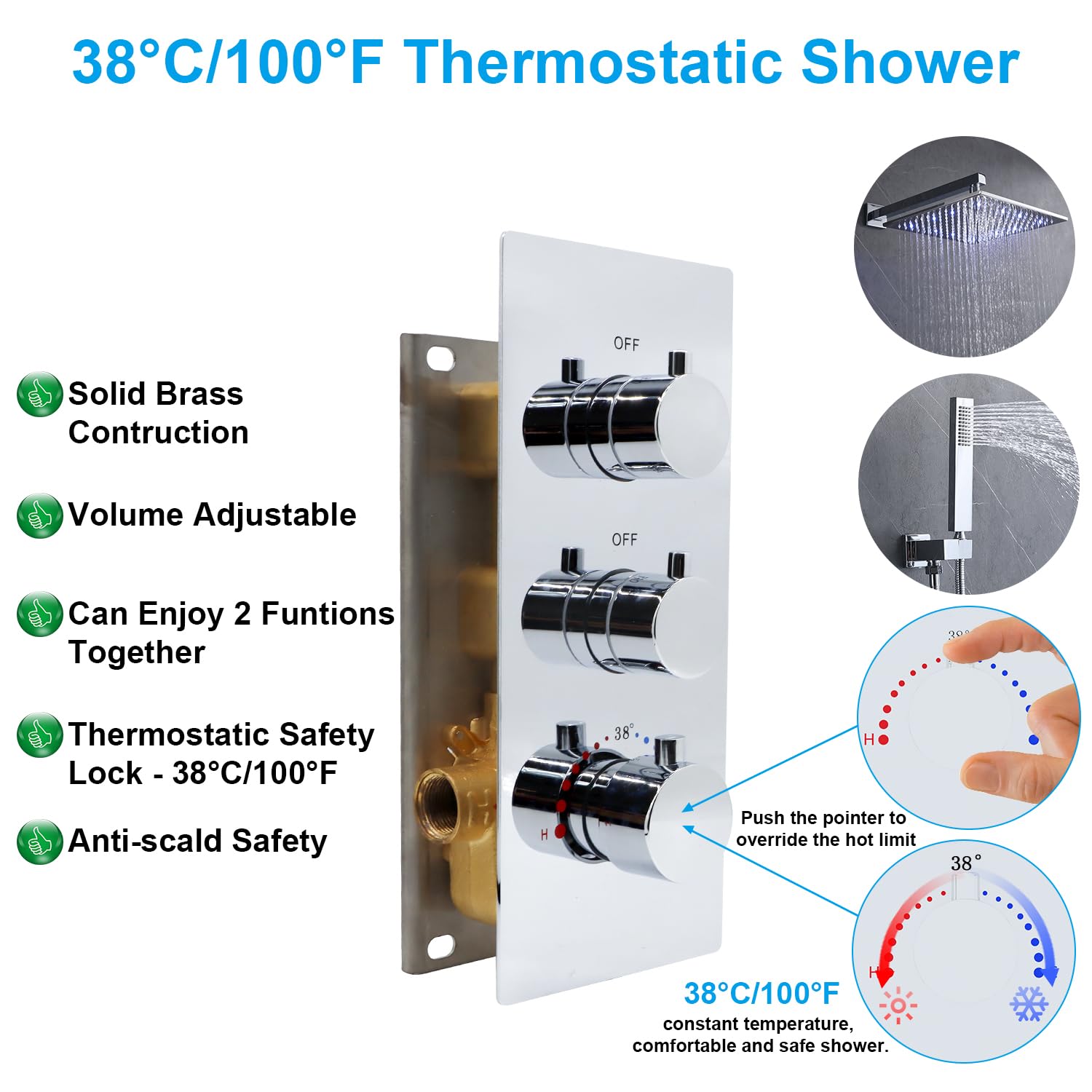 HOMEDEC 2 Way Shower Diverter Valve Brass Dual Functions Thermostatic Shower Mixing Valve Kit 3 Handle Flow Control Valve, 3/4 Inch Inlet, Can Use All Options At a Time, Matte Black