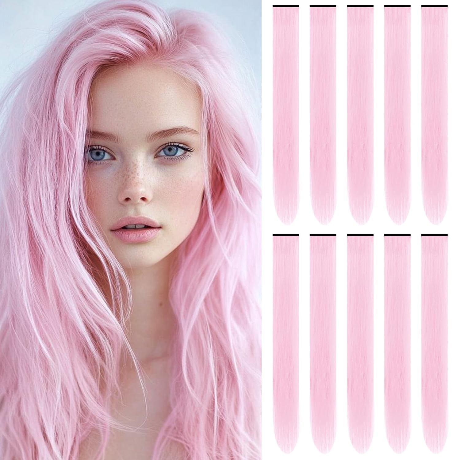 22 inch Colored Hair Extensions,Colorful Clip in Long Straight Synthetic Hair Extensions,Color Party Highlights Hairpieces for Women Girls Cosplay Styling(10 PCS Black)