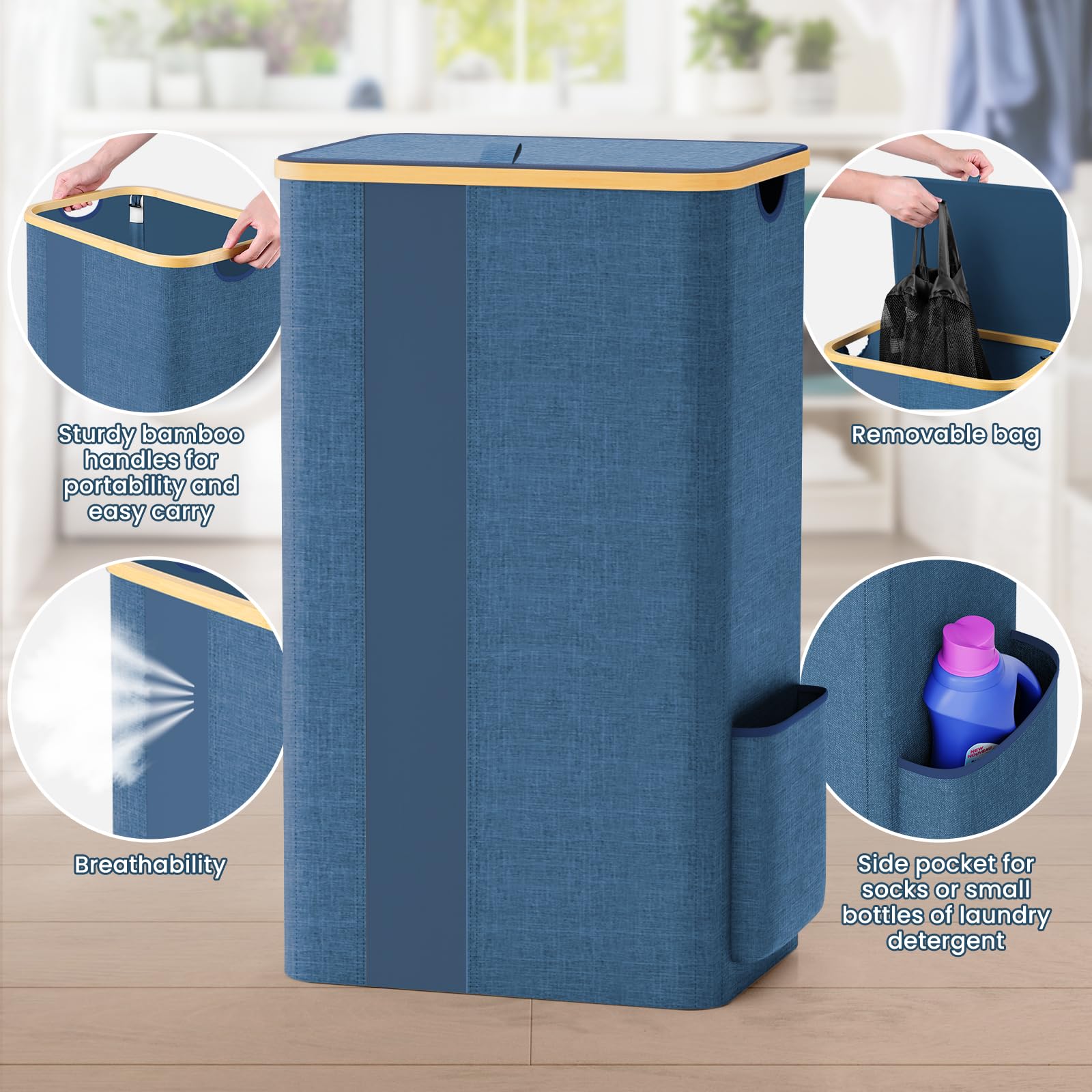 BlissTotes Laundry Basket with Lid, 100L Clothes Laundry Hamper with Handles and Removable Laundry Bag, Breathable Design Hamper with Lid for Bedroom, Bathroom, Dorm, Laundry Room - Beige
